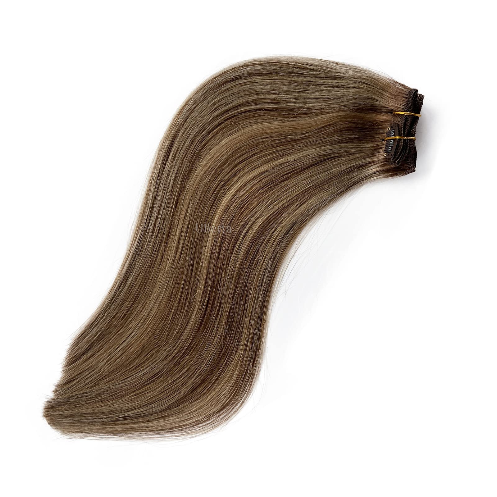 Ombre Brown to Chestnut Brown Clip in Hair Extensions with Ash Blonde Highlights - 7pcs 15Inch Double Weft Straight Remy Human Hair Extensions (70g) for Women - Perfect for Volume Boost, Styling & Special Occasions