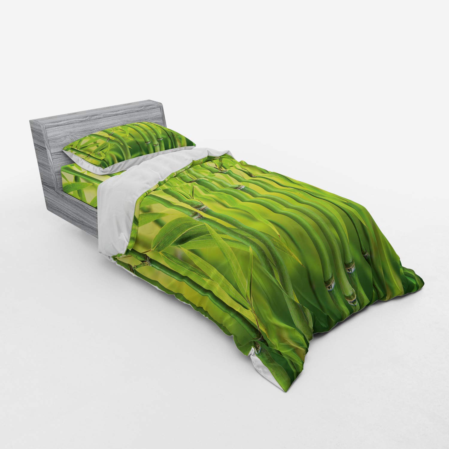 Ambesonne Tropical Rainforest Wildlife Bedding Set - 3 Piece Duvet Cover with Sham & Fitted Sheet, Twin Size, Apple Green - Nature Inspired Bedroom Decor for Jungle Themed Rooms & Wildlife Lovers