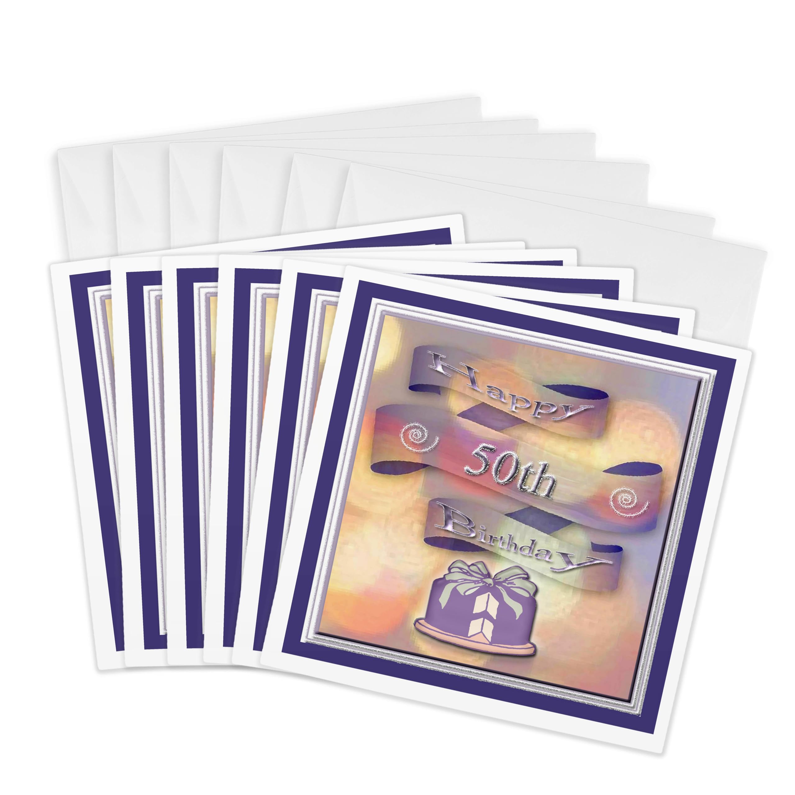 3dRose Happy 50th Birthday Greeting Cards Set - 6 x 6 Inch Ribbon & Cake Design (Pack of 6) | Perfect for Milestone Celebrations & Anniversary Wishes