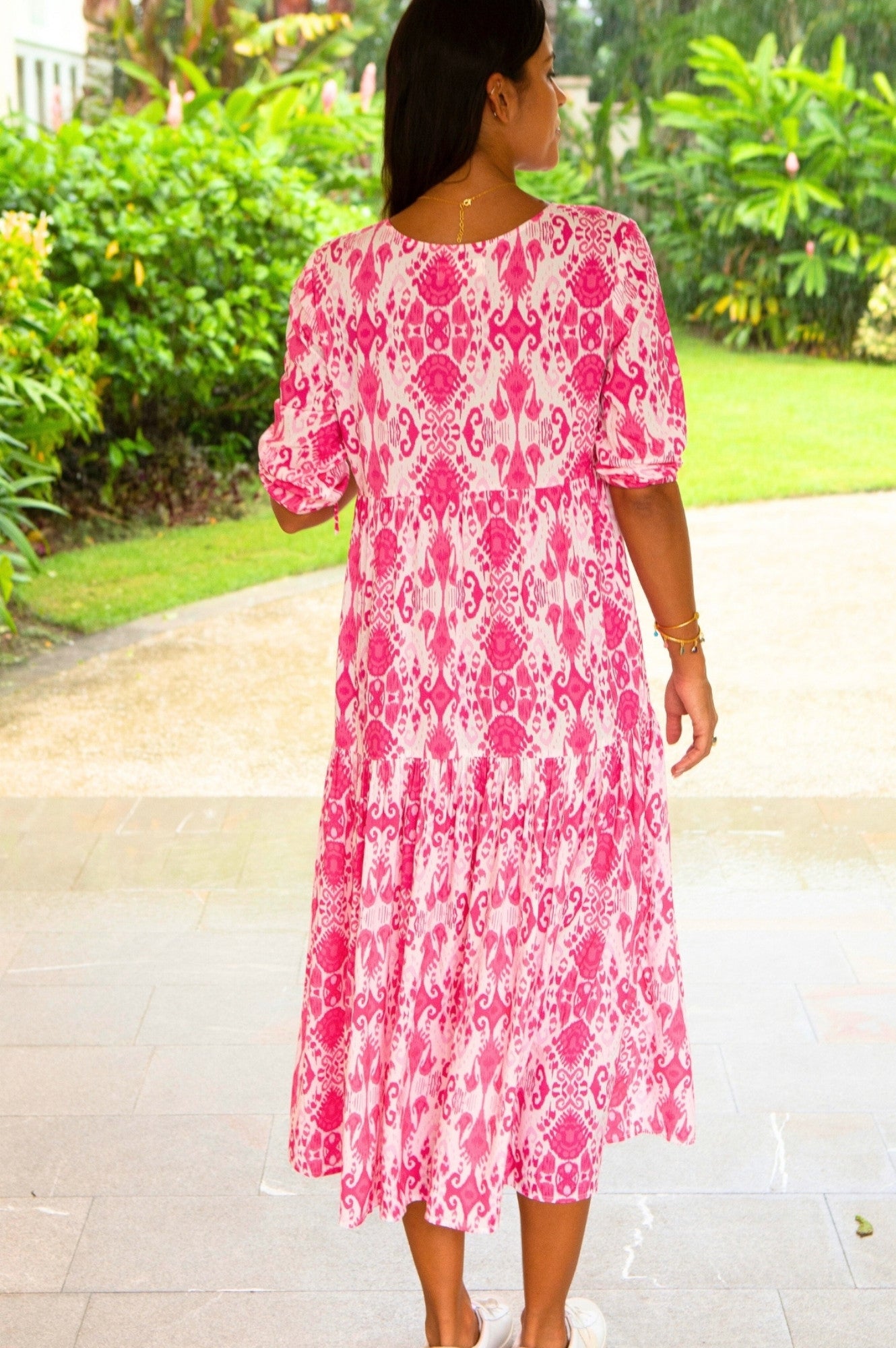 Virginia EcoVero™ Midi Dress - Sustainable Ikat Print in Pink & White | Perfect for Summer Weddings & Beach Vacations