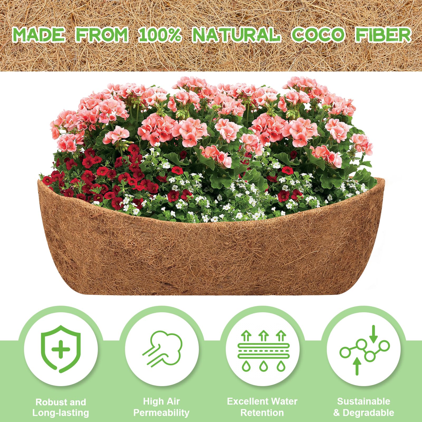 Riare 4 Pack 30 Inch Coco Coir Planter Liners - Natural Coconut Fiber Replacement Liners for Window Boxes, Wall Planters & Deck Railings - Perfect for Indoor/Outdoor Gardening & Home Decor