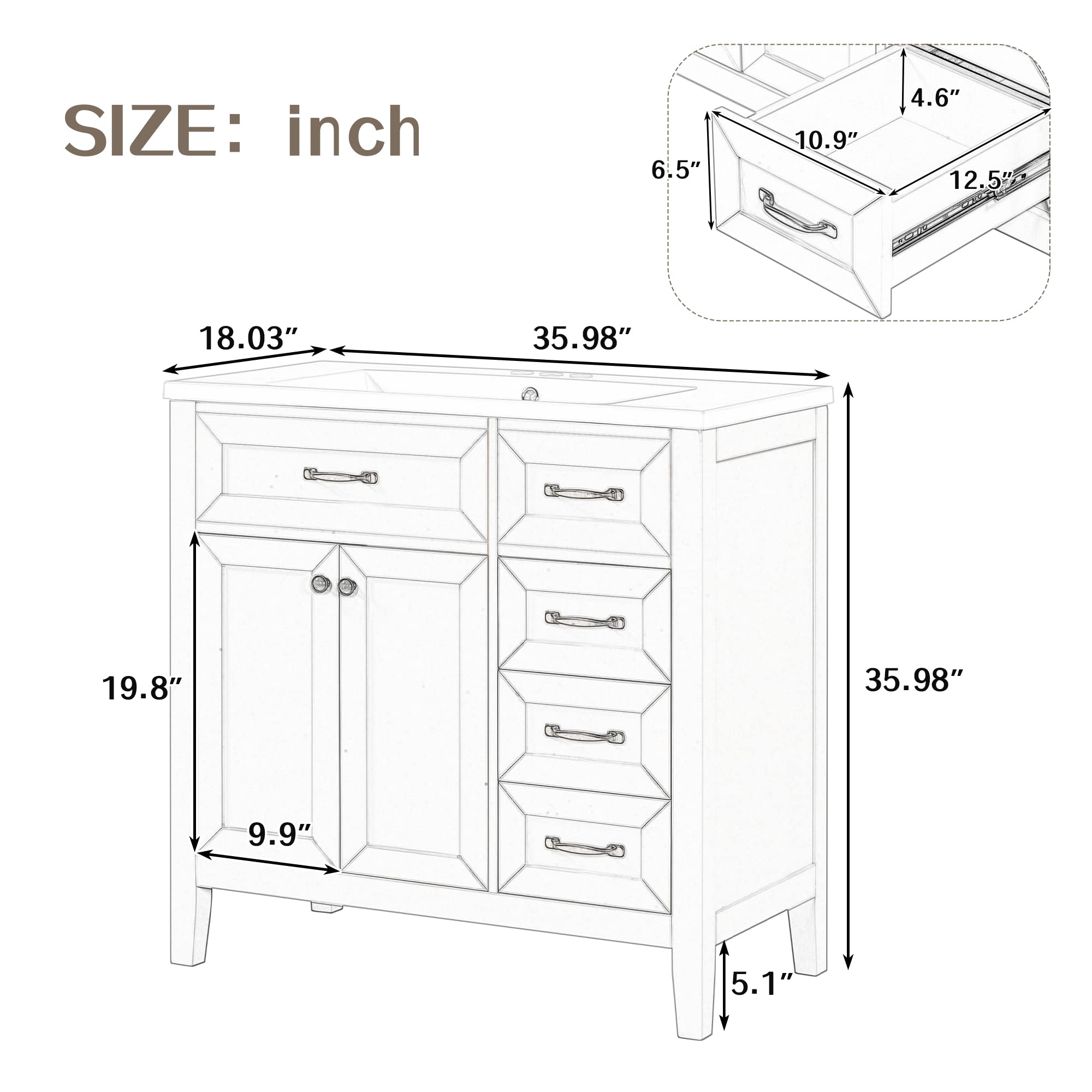 PURLOVE 36 Inch Modern White Bathroom Vanity with Sink - Bathroom Cabinet with Doors and Drawers, Vessel Sink Set for Small Bathrooms, Powder Rooms & Master Baths | Perfect for Home Renovation & Apartment Upgrades