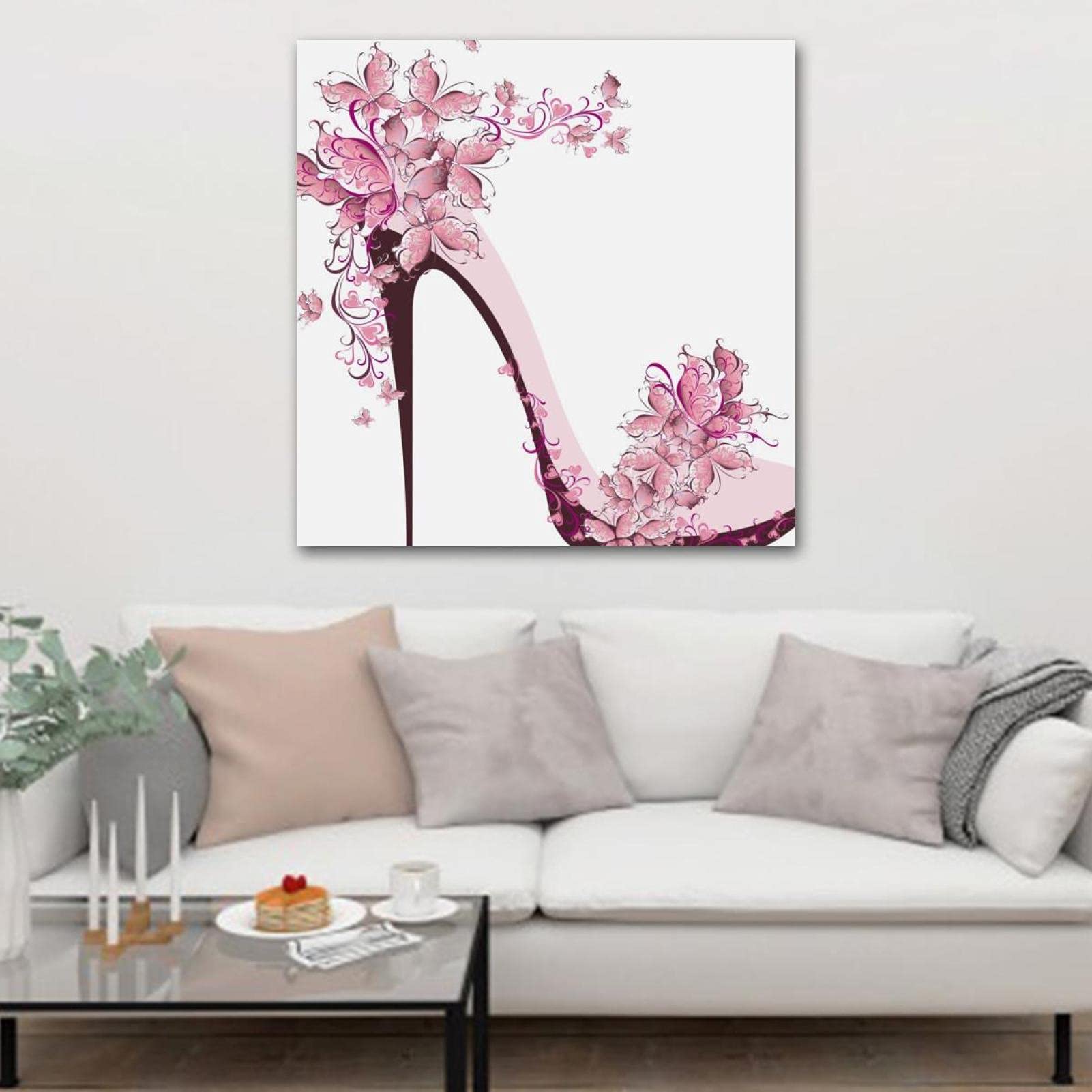 Framed Canvas Wall Art - High Heel Shoe with Butterfly Illustration, Oil Painting Style Poster for Living Room, Bedroom, Bathroom & Office Decor | Perfect for Home Decoration & Gift Giving