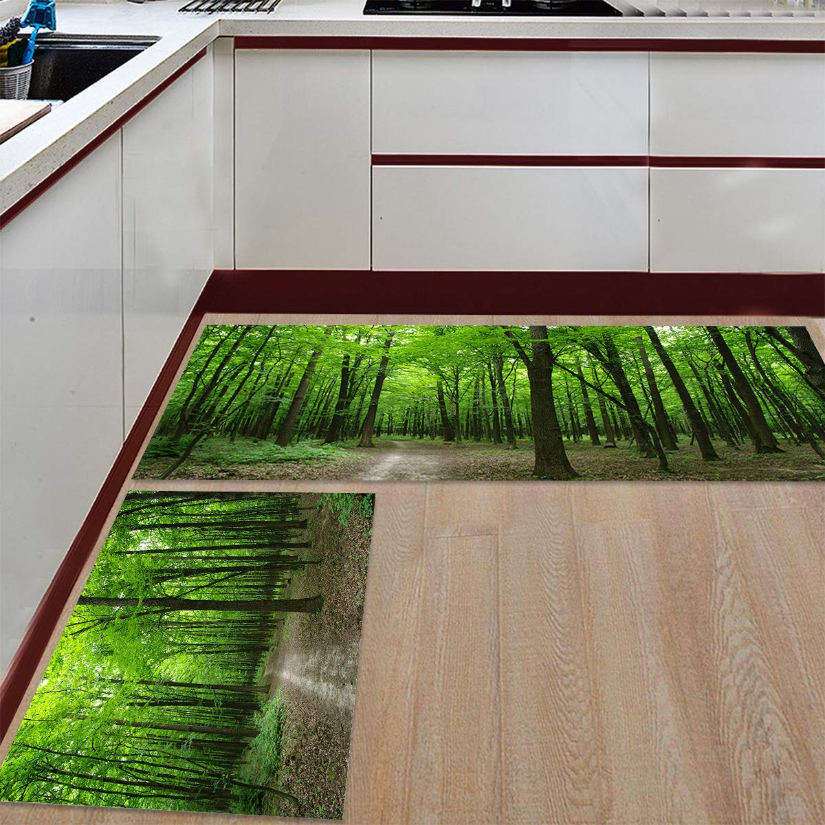 Non-Slip Kitchen Rug Set of 2 - Washable Green Forest Floor Mats, 23.6
