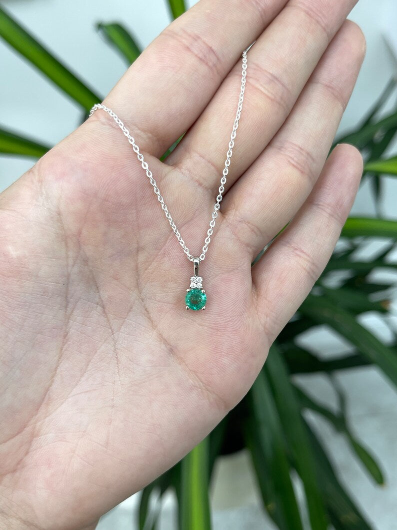 0.90tcw Petite Natural Emerald Round Cut Diamond Accent 14K White Gold Pendant Necklace - Elegant Gift for Women, Perfect for Weddings, Anniversaries & Special Occasions