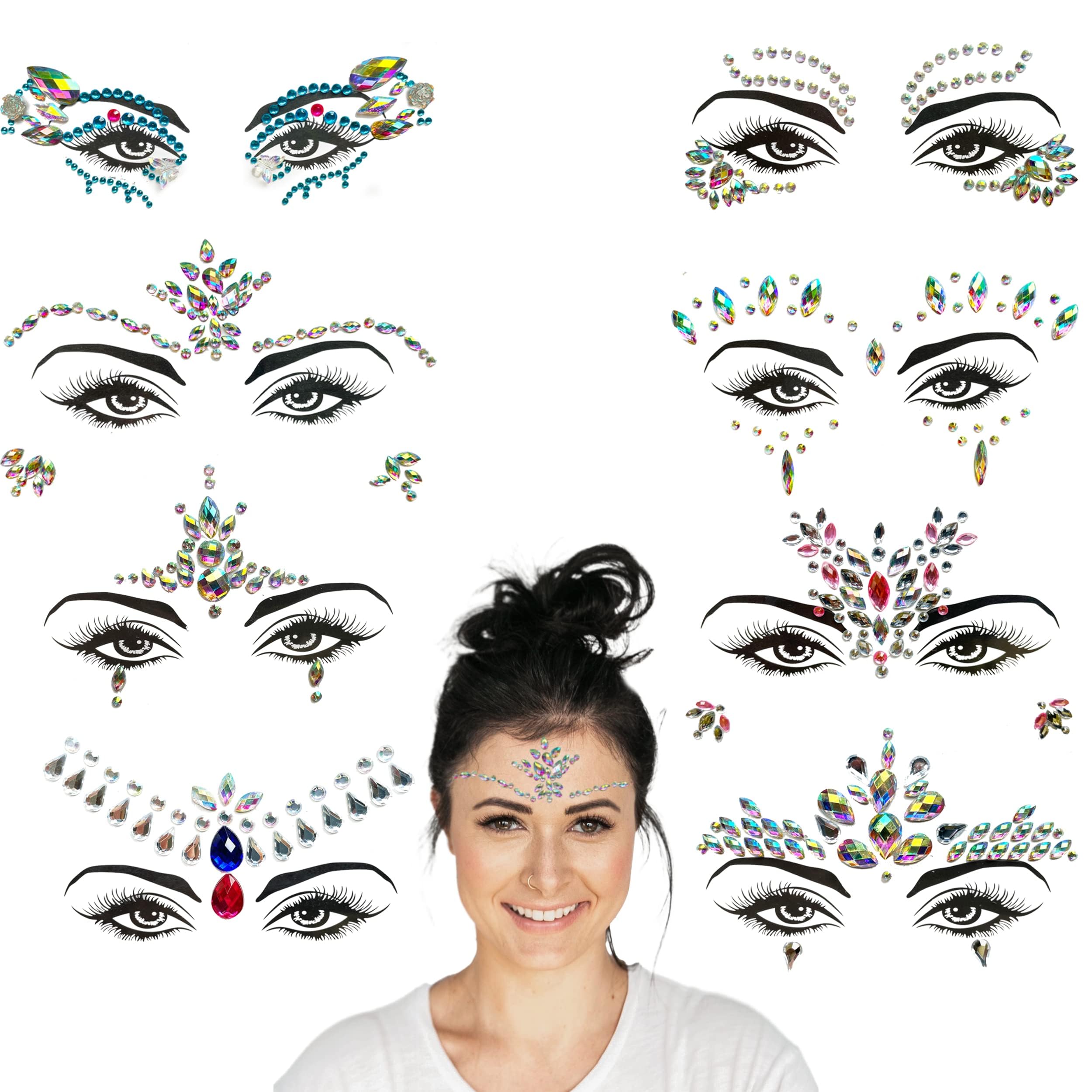 8 Pack Face Gems - Self-Adhesive Face Crystals for Adults & Kids - Perfect for Festivals, Parties, Carnivals & Costume Events - Glamorous Makeup Accessories for Halloween, Mardi Gras & Cosplay