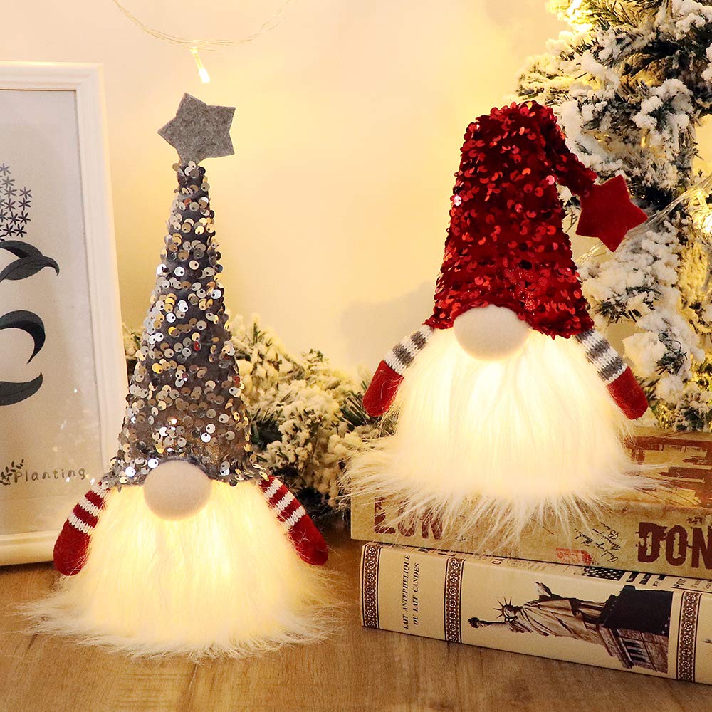 Scandinavian Christmas Gnome Lights with Timer - Set of 2 (Red & Silver) 11x4 Inch, Nordic Santa Tomte Gnome Decor for Holiday Tree, Mantel & Indoor Xmas Decorations