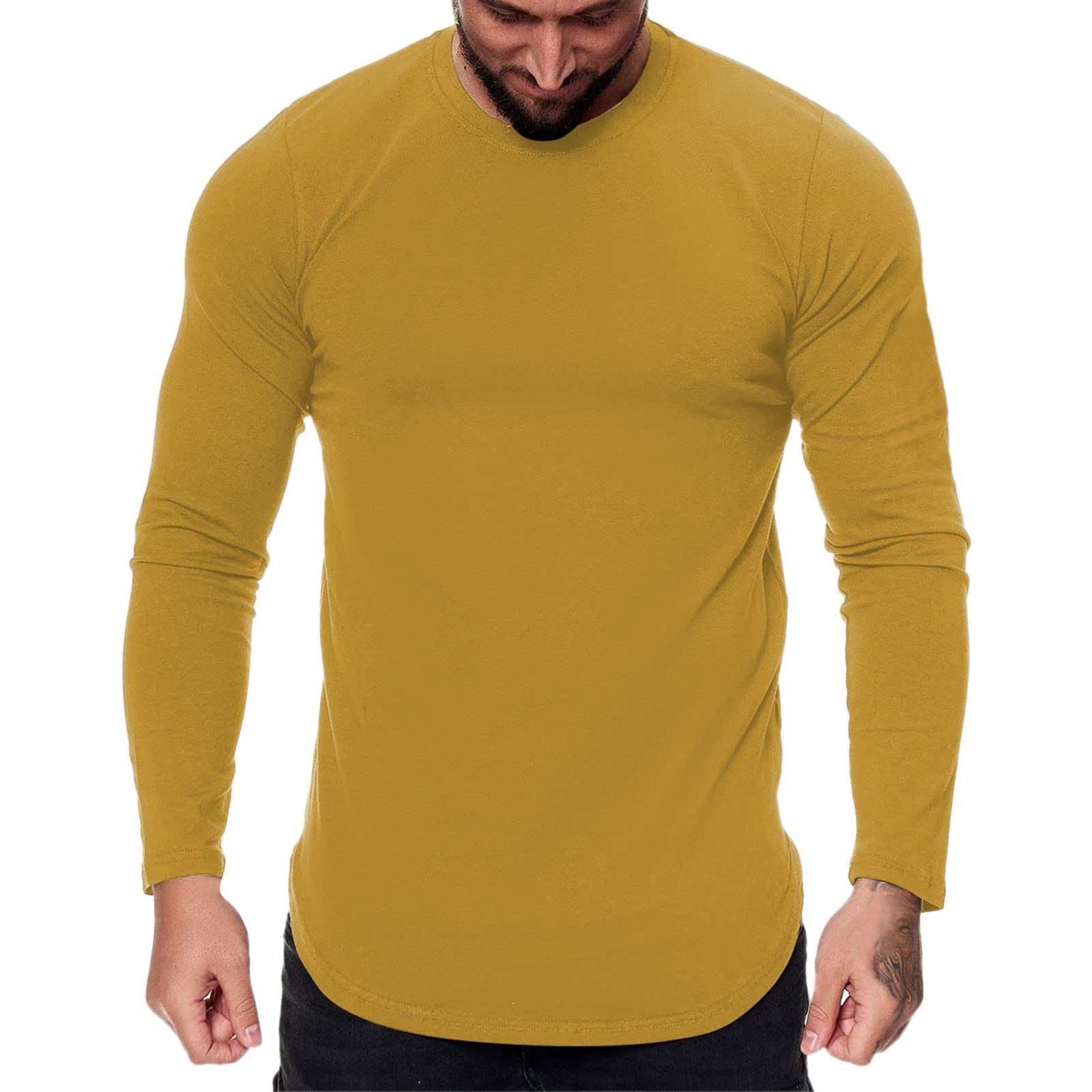 Hatop Men's Long Sleeve Cotton T-Shirts - Casual Sports & Fitness Shirt, Breathable Round Neck Muscle Tee for Gym, Workout, Running & Daily Wear