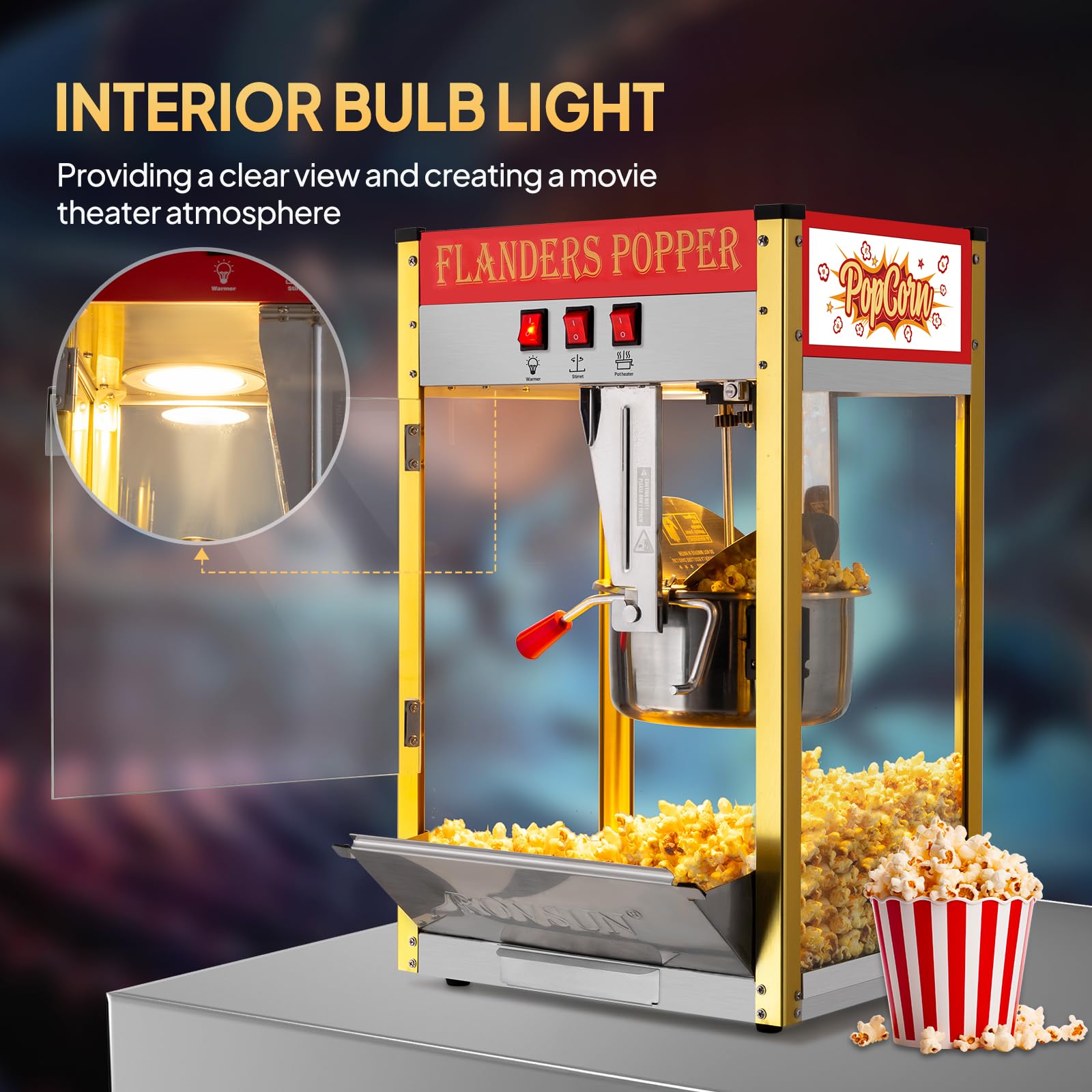ROVSUN 10 Ounce Commercial Popcorn Machine - Makes 4 Gallons, Countertop Popcorn Popper with Stainless Steel Scoop, Oil Spoon & 3 Cups - Perfect for Movie Nights, Parties, and Carnival Snack Stands (Red)