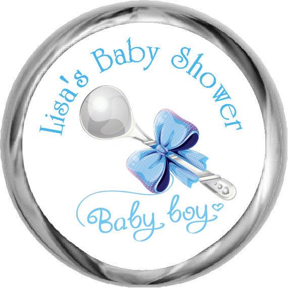 Personalized Baby Boy Silver Spoon Stickers - HERSHEY'S Kisses Themed Baby Shower Favors for Newborn Gifts, Christening & 1st Birthday Decorations