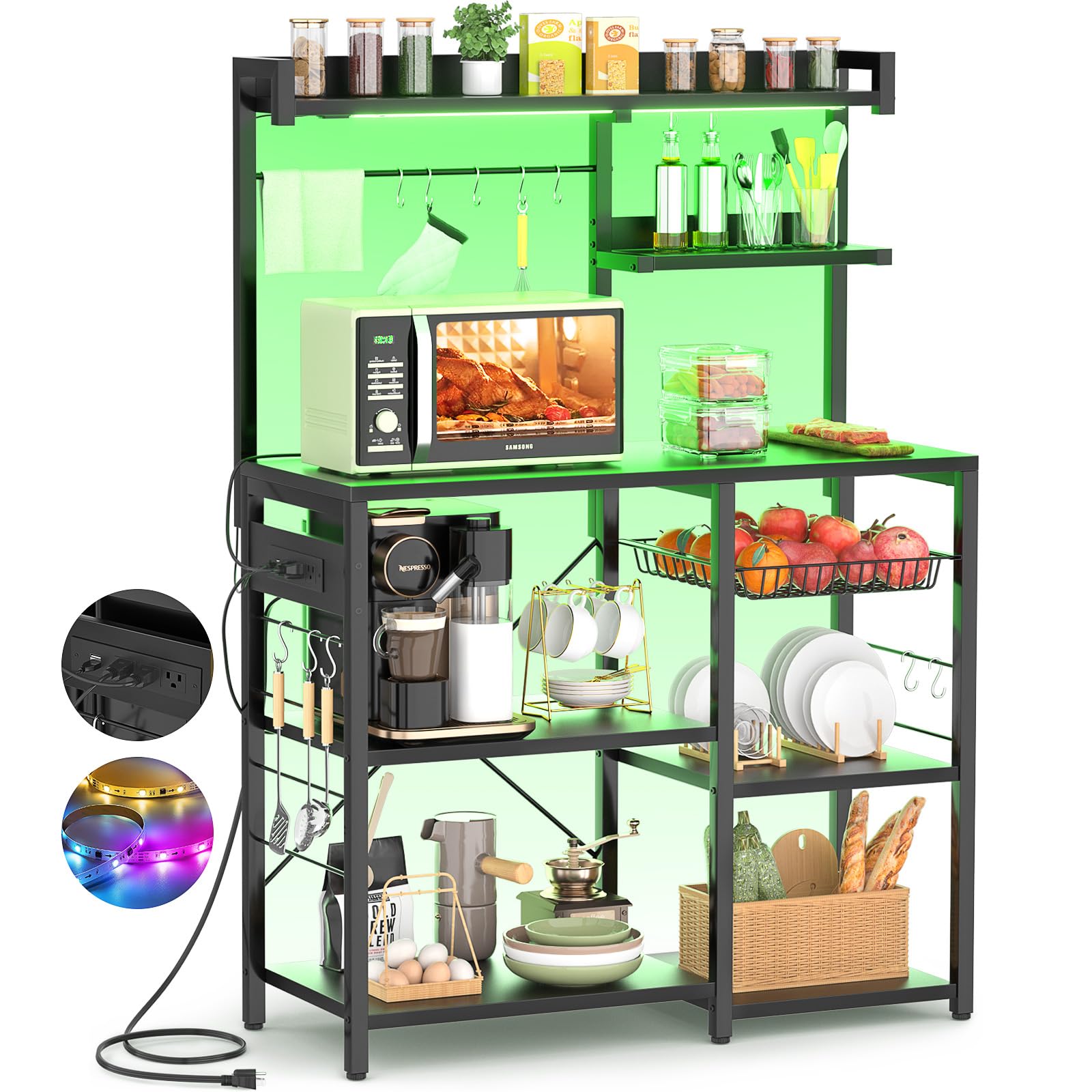 Aheaplus Bakers Rack with Power Outlet & LED Lights - Kitchen Storage Shelf with Wire Basket, Microwave Stand, Coffee Bar Station - Includes 10 Hooks for Spices, Pots & Pans - Perfect for Small Kitchens, Apartments & Coffee Stations (Black)