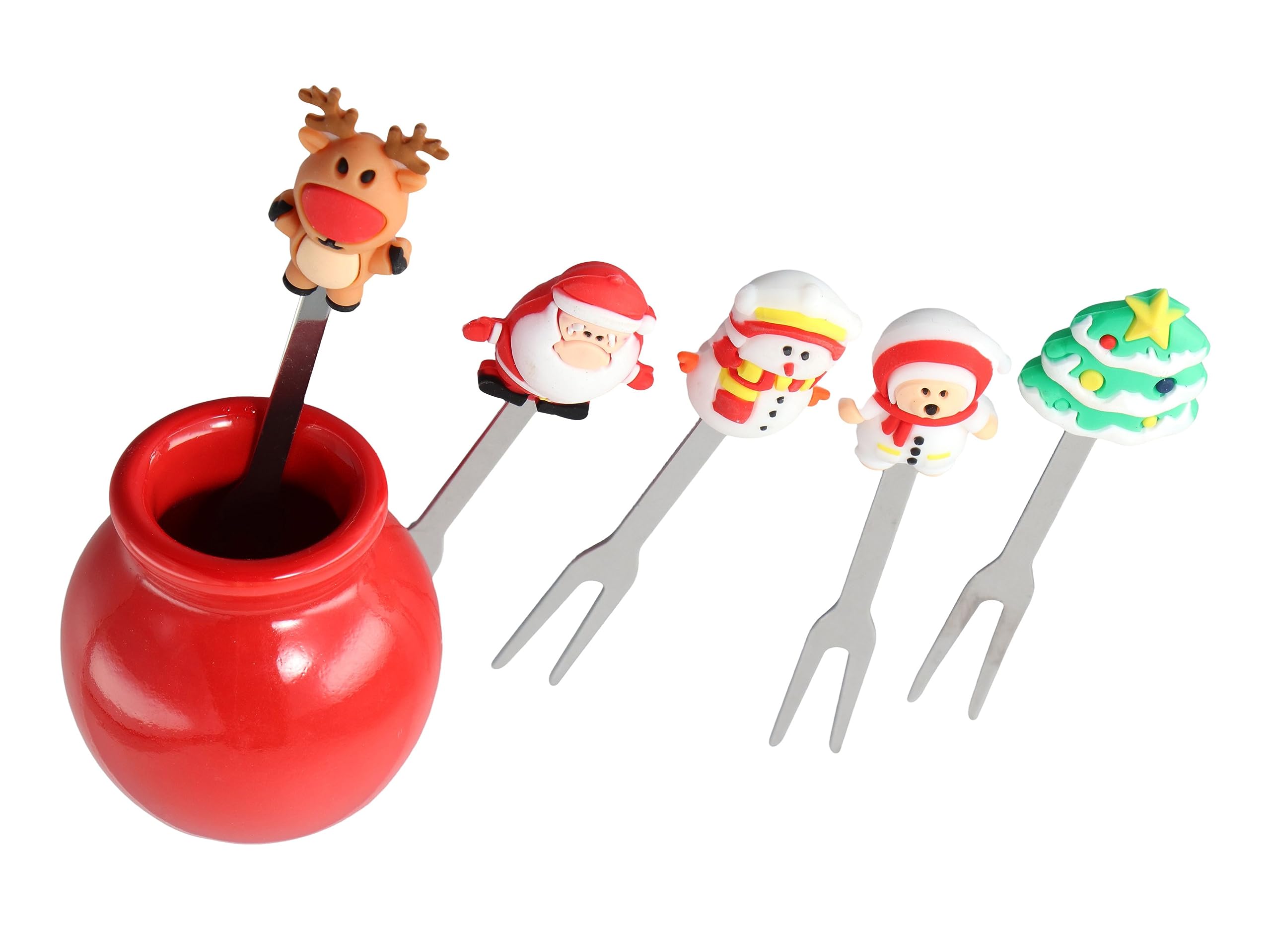 Premium Stainless Steel Food Picks with Ceramic Jars - Cute Cartoon Animal Fruit Forks with Silicone Handles for Cheese, Appetizers, Party Platters & Holiday Gatherings (Christmas, Thanksgiving, Birthday Celebrations)
