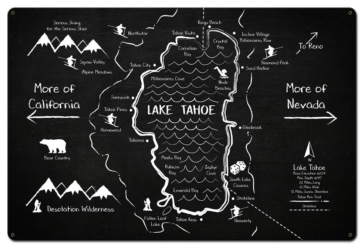 Lake Tahoe Chalk Drawing - Premium Heavy Gauge Steel Wall Art Made in USA - Perfect for Home Decor, Office & Gift Giving