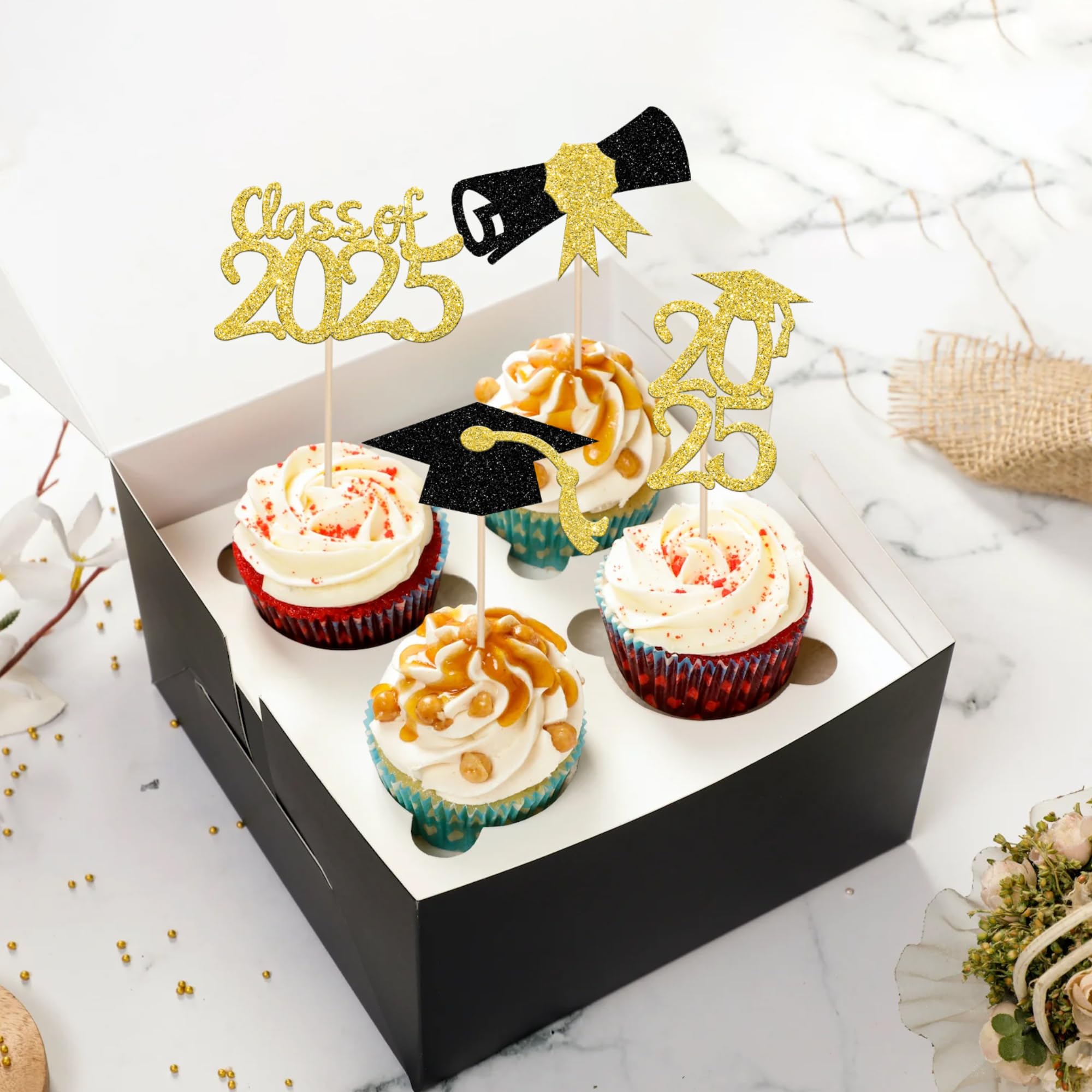 36 PCS 2025 Graduation Cupcake Toppers - Glitter Diploma & Grad Cap Decorations for Class of 2025 - Gold Cake Topper Picks for Graduation Party, School Celebration & Dessert Decor