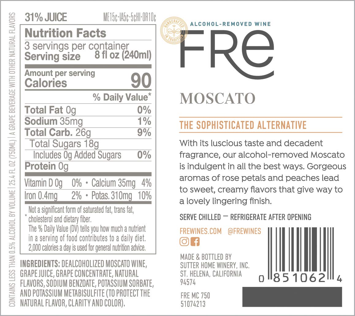 Sutter Home Fre Moscato Non-Alcoholic Wine Bundle - 4 Pack (750ML Bottles) with Phone Grip, Seasonal Pairing Guide & Recipes | Perfect for Parties, Gifts & Alcohol-Free Celebrations
