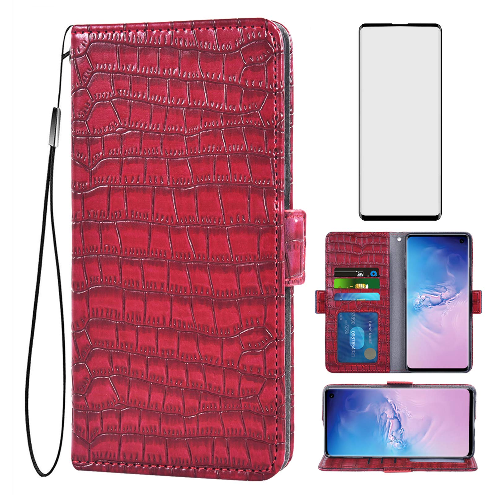 ASUWISH Samsung Galaxy S10 Plus Wallet Case with Card Holder & Tempered Glass Screen Protector | Flip Cover Phone Case for Galaxy S10+/S10 Plus/S10 Edge (Red) - Perfect for Daily Use, Business Meetings & Travel Protection