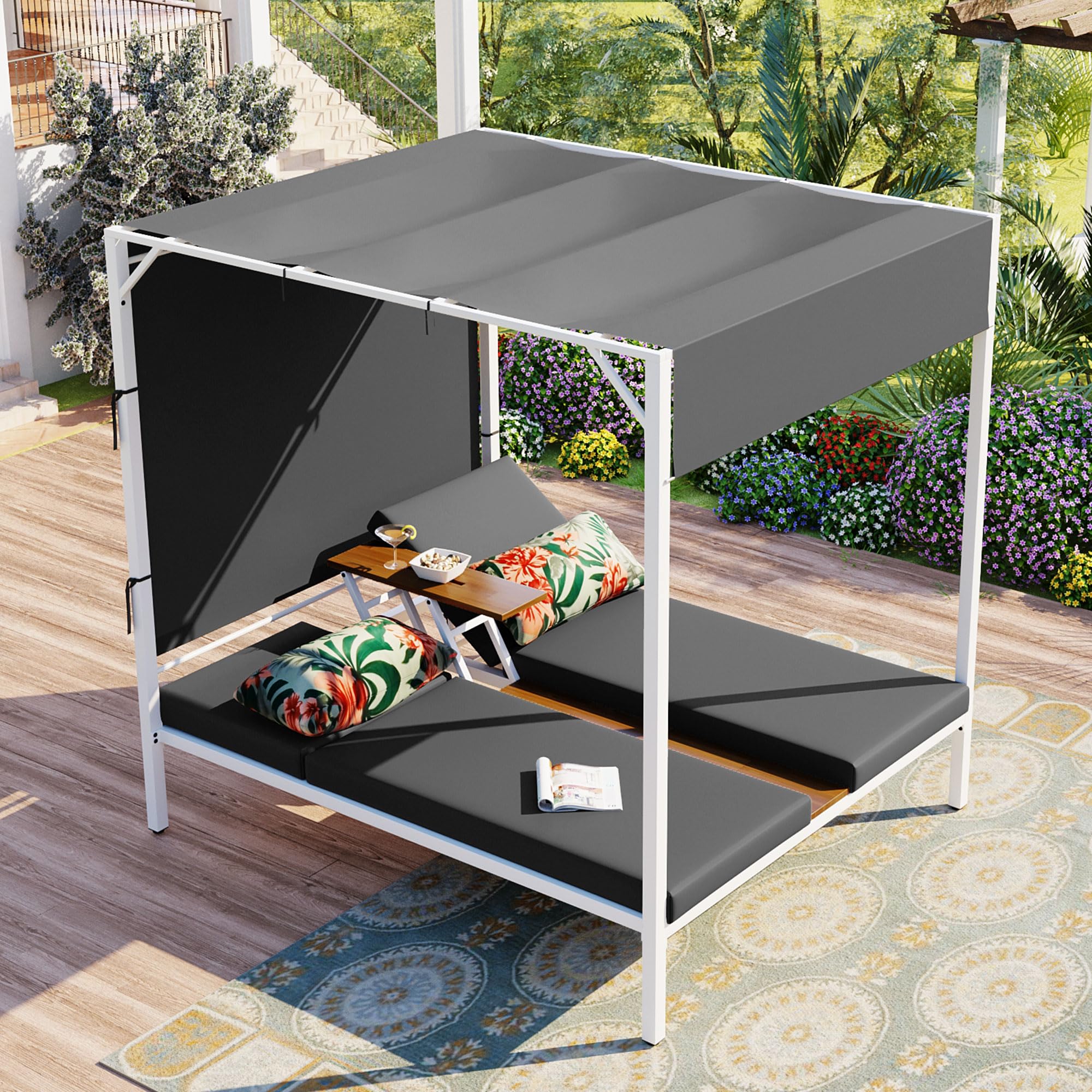 Merax Outdoor Patio Daybed with Canopy - 2-Person Adjustable Sun Lounger with Soft Cushions & Throw Pillows, Grey - Perfect for Poolside, Garden, or Backyard Relaxation