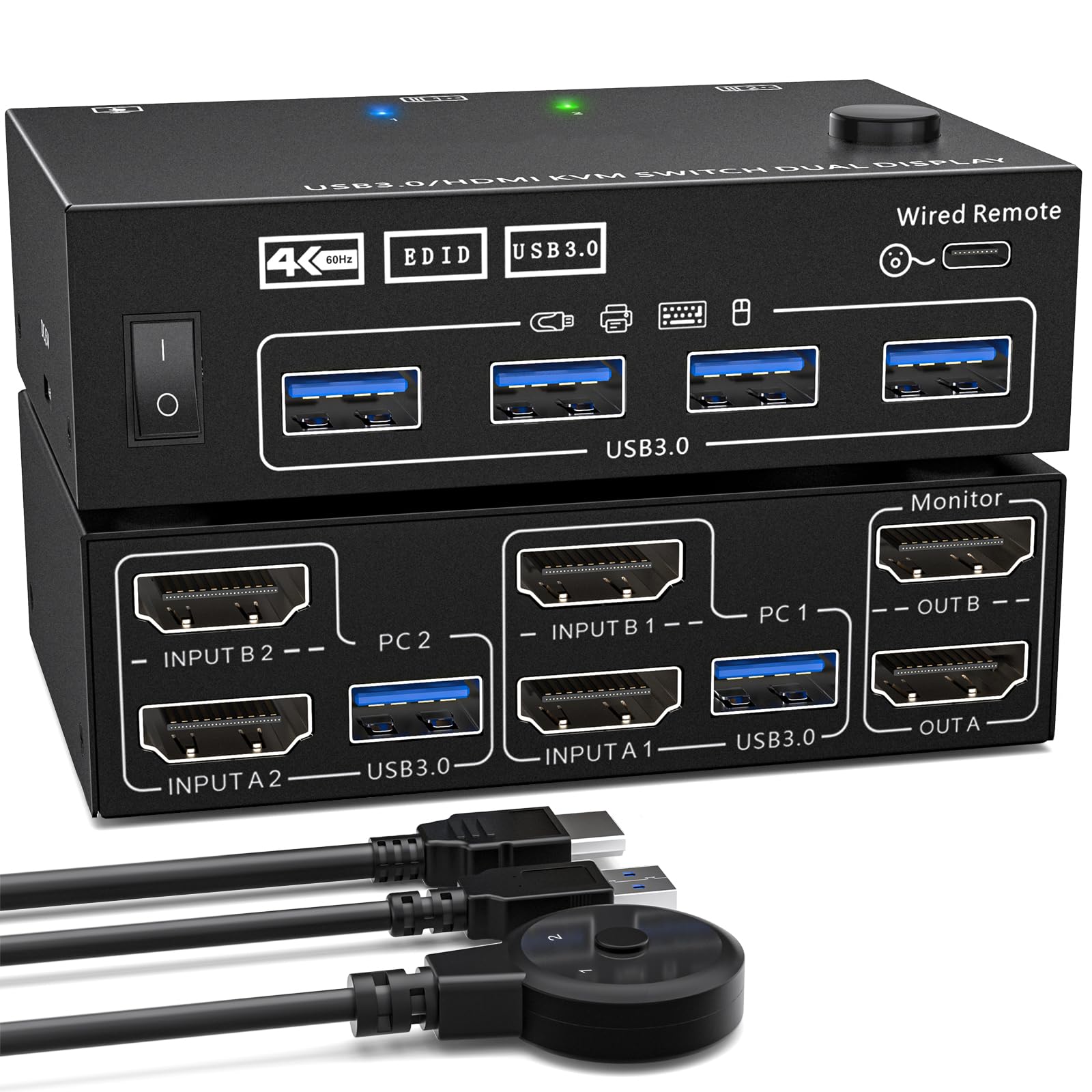 Glanhbnol 2-Port USB 3.0 KVM Switch - 2 Channel Metal KVM Switcher for Keyboard & Mouse Sharing with Seamless Performance | Ideal for Home Office, Gaming Setup & Multi-Computer Workstations
