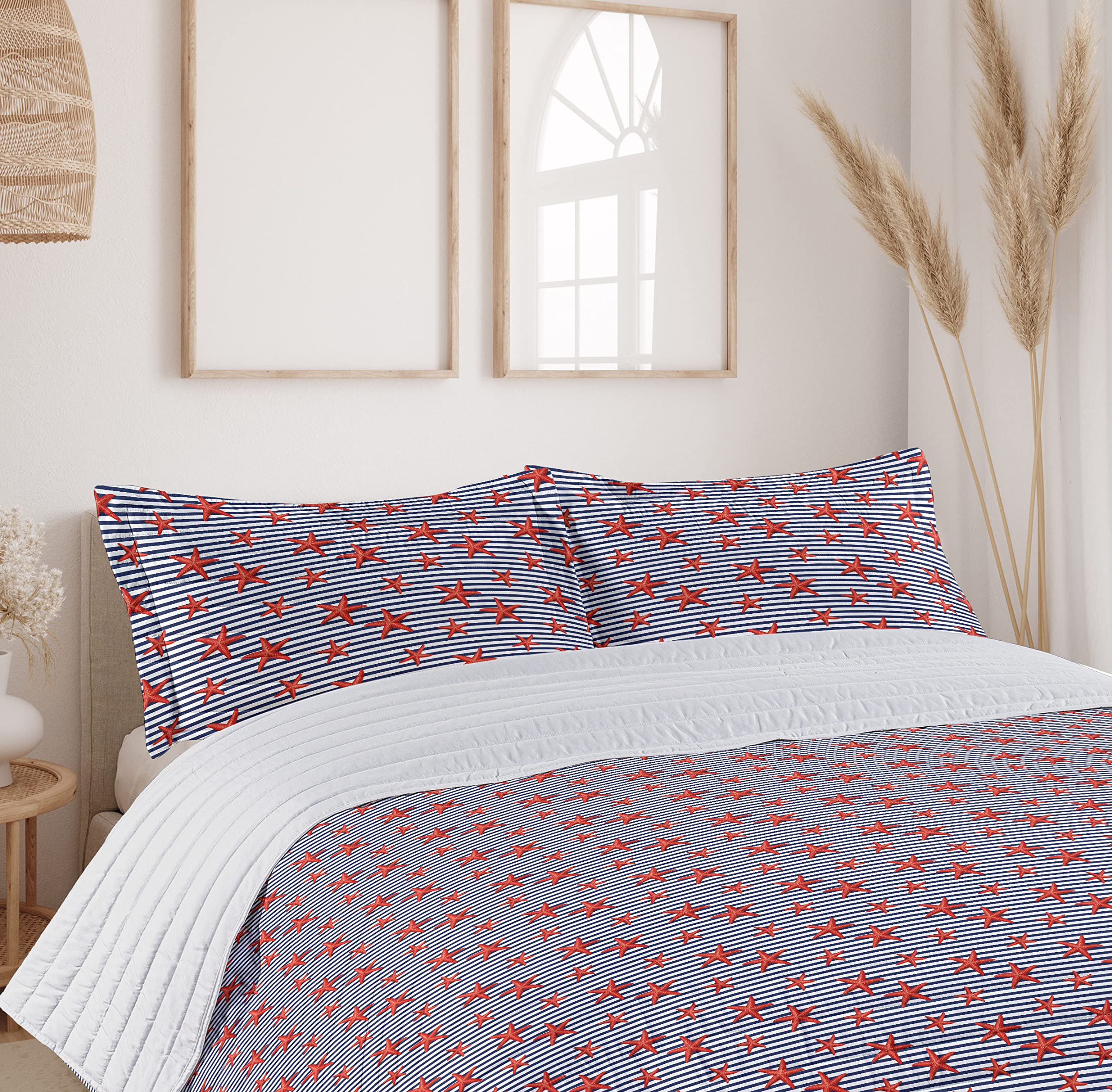 Ambesonne Starfish Microfiber Bedspread Set - Navy White Red Striped Maritime Theme with Pillow Shams & Comforter, King Size | Soft Coastal Bedding for Beach House Decor, Guest Room & Nautical Nursery