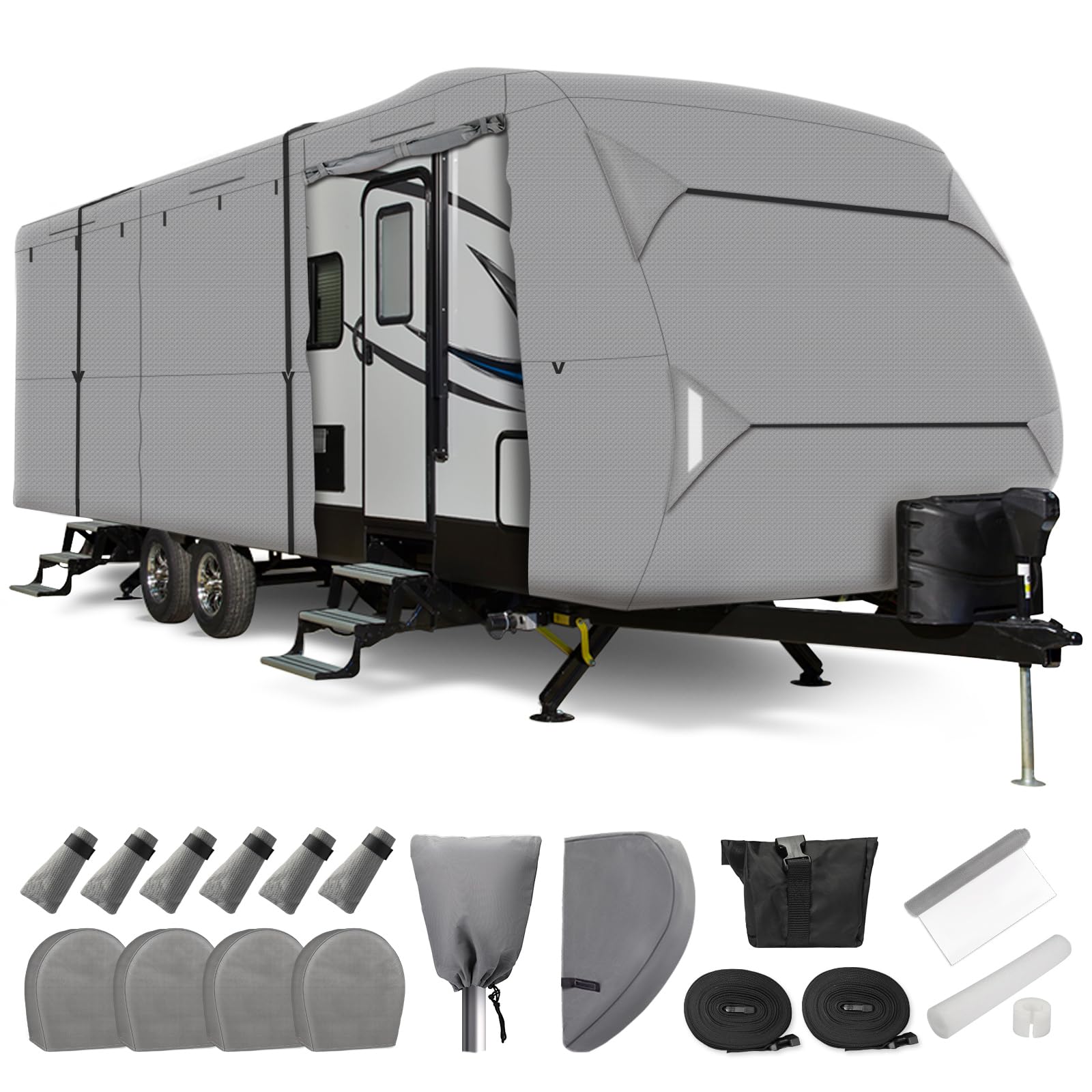 Windproof RV Cover 16'-18' - 5-Layer Thick Camper Cover with Tire Covers for Travel Trailers - Outdoor Protection