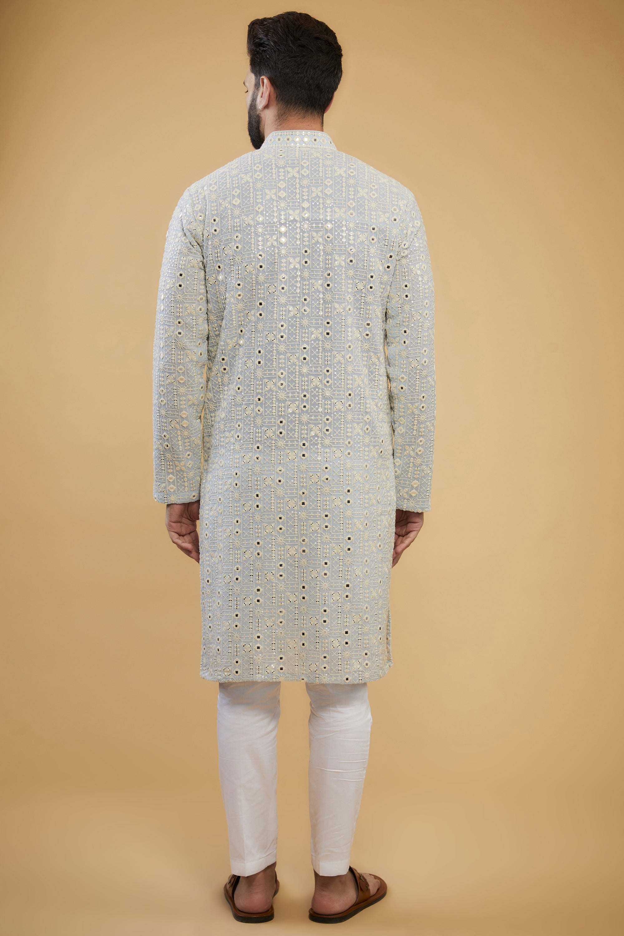 Elegant Powder Blue Mirror Work Kurta with Intricate Neckline – Perfect for Festivals, Weddings, and Ethnic Occasions