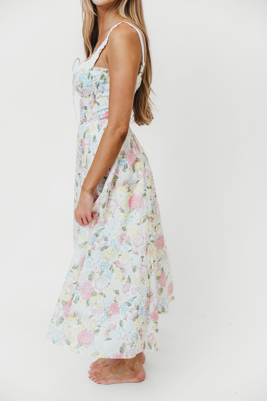 Pink Lady Floral Bustier Midi Sundress - Women's Summer Dress with Adjustable Straps & Side Pockets | Perfect for Beach Vacations, Garden Parties & Date Nights