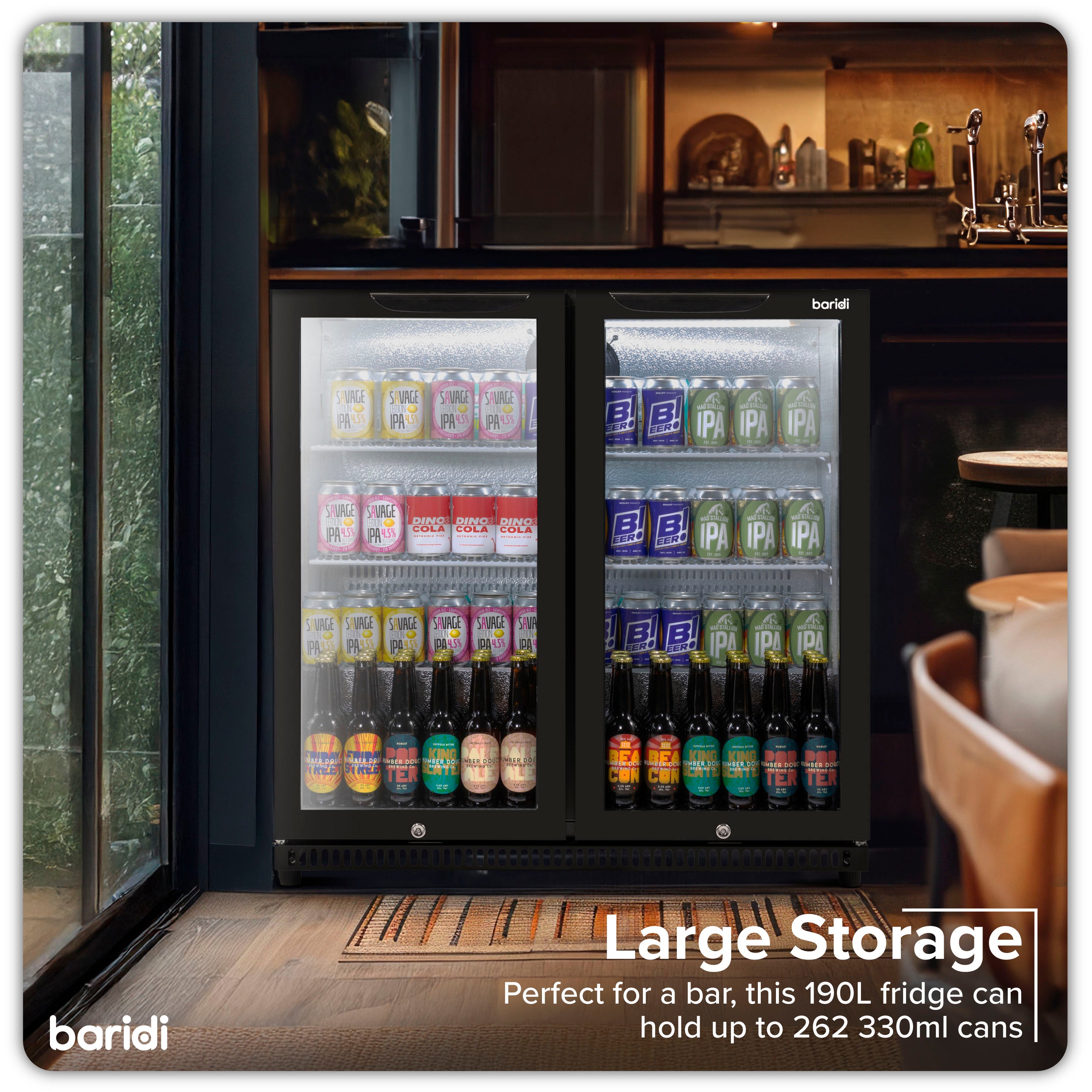 Baridi Back Bar Drinks Fridge with Hinged Double Door - 190L Capacity Commercial Beverage Cooler for Bars, Restaurants & Home Use - Model DH272