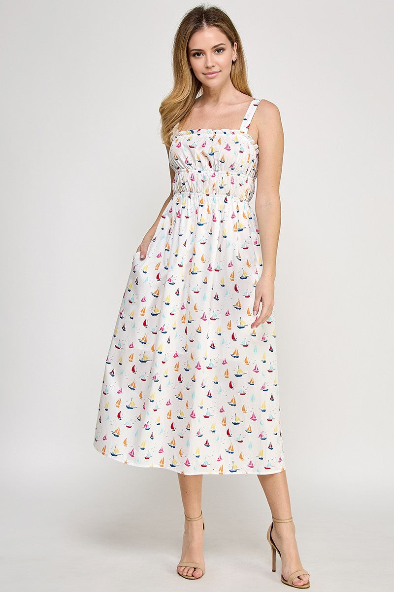 Gathered Bodice Sailboat Sundress - Flowy Summer Dress for Women, Beach Vacation & Casual Outings