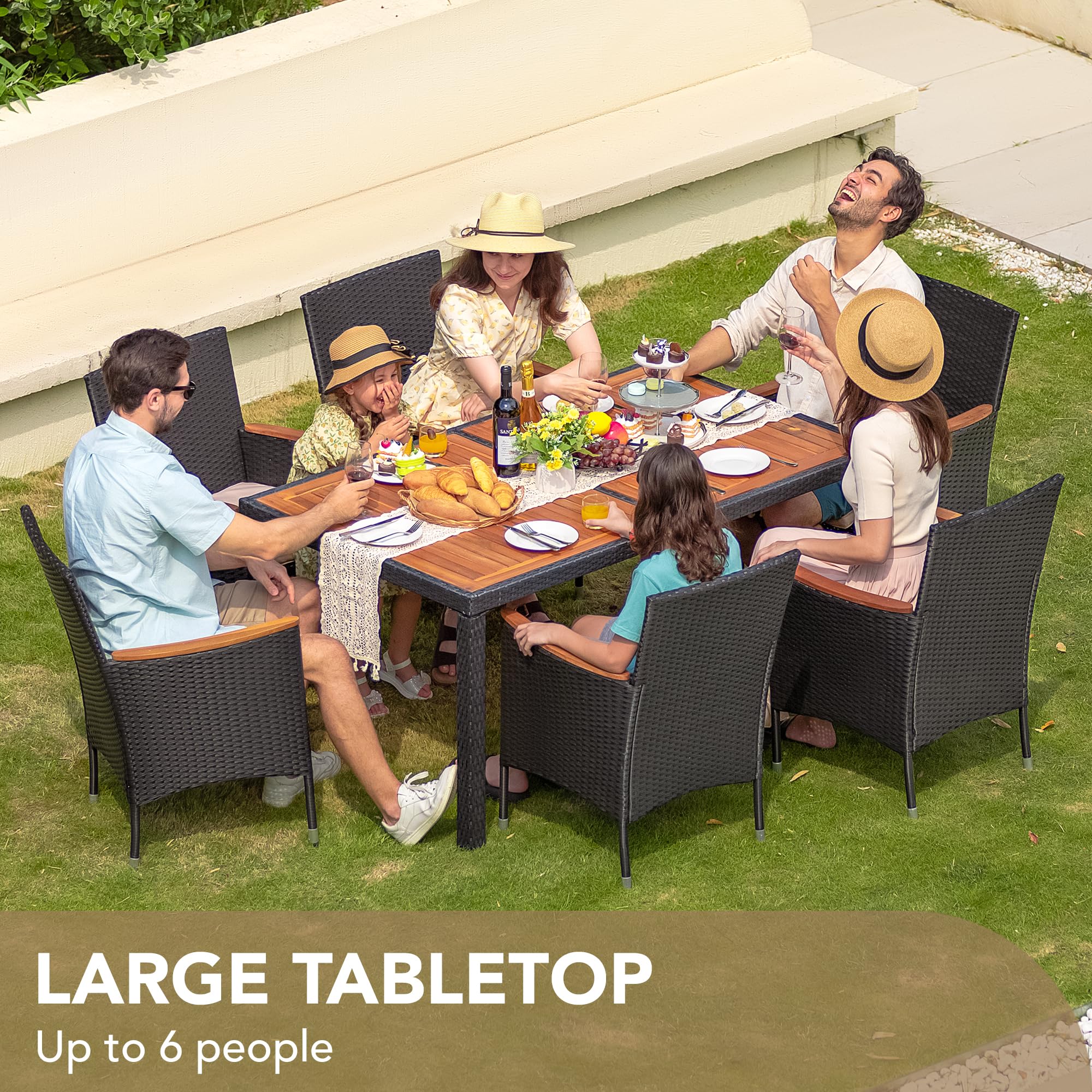 Devoko 7-Piece Outdoor Dining Set - Acacia Wood Table & Rattan Chairs, Black Patio Furniture for Garden, Backyard, Poolside & BBQ Parties
