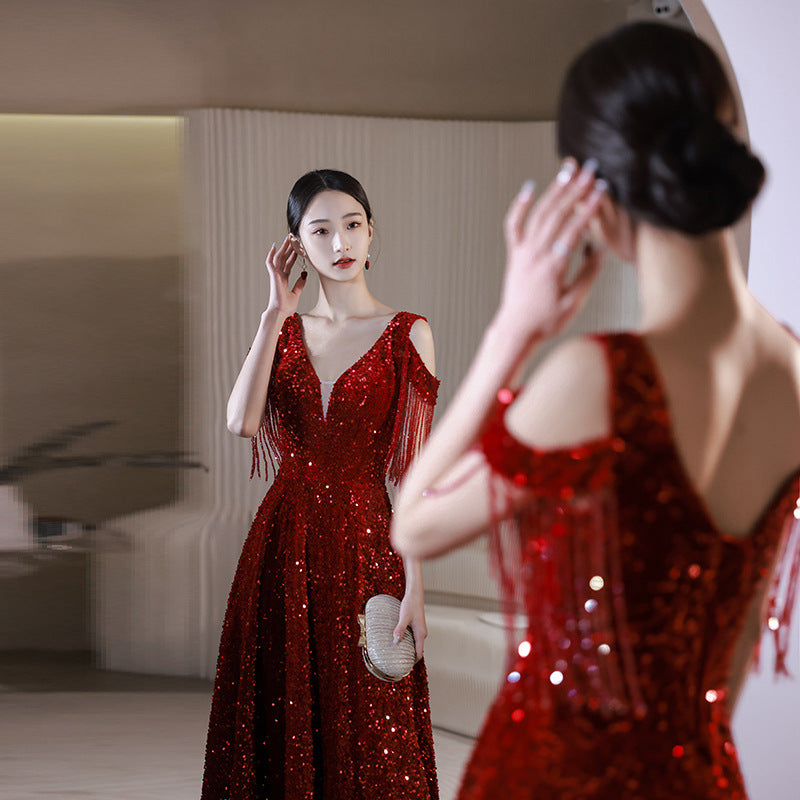 Elegant Burgundy Sequin Long Prom Dress with Tassel Details - Formal Evening Gown for Homecoming, Ball & Special Occasions