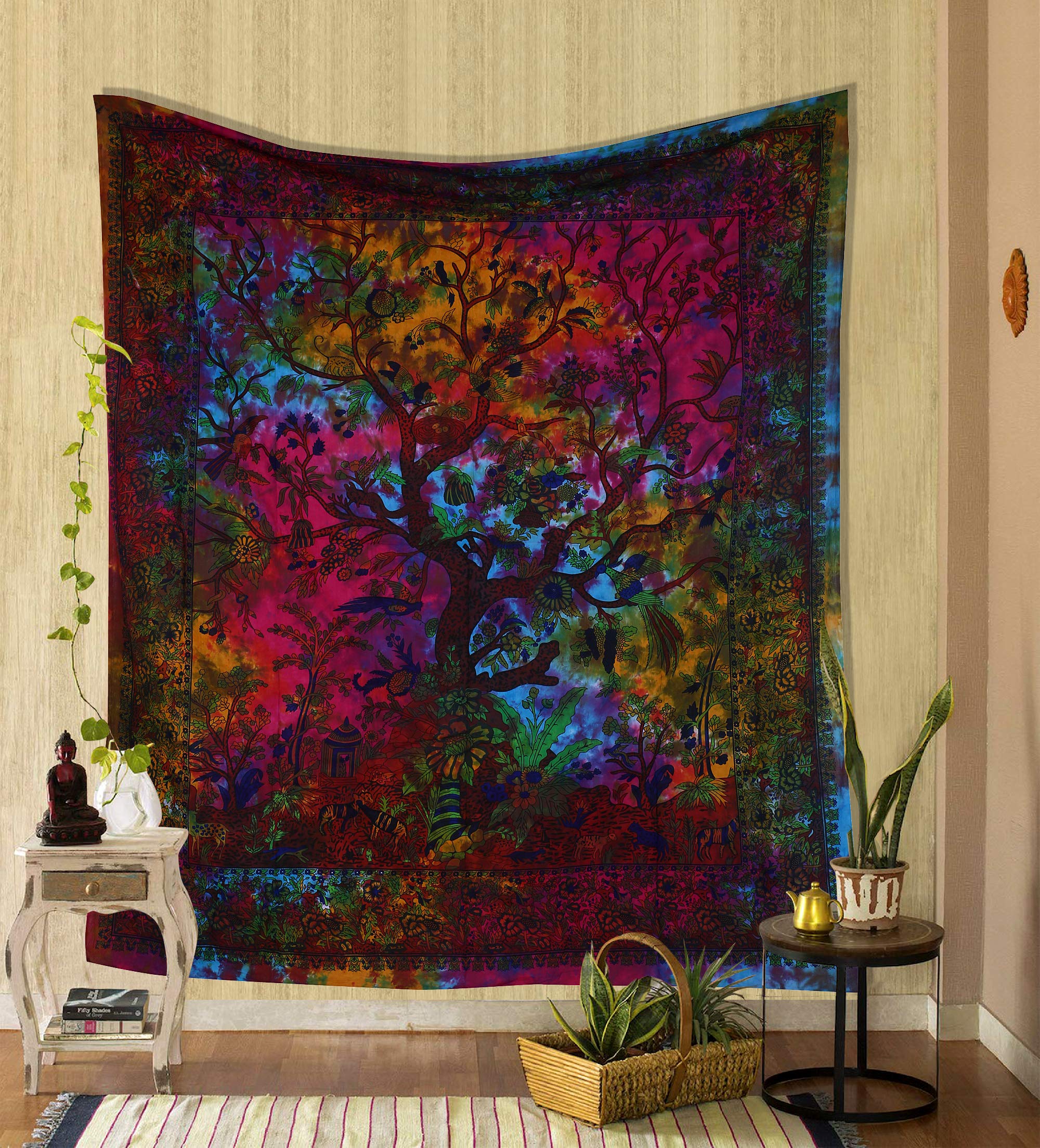 Rainbow Tree of Life Tapestry - Psychedelic Wall Hanging & Bedspread for Hippie Décor (82x54