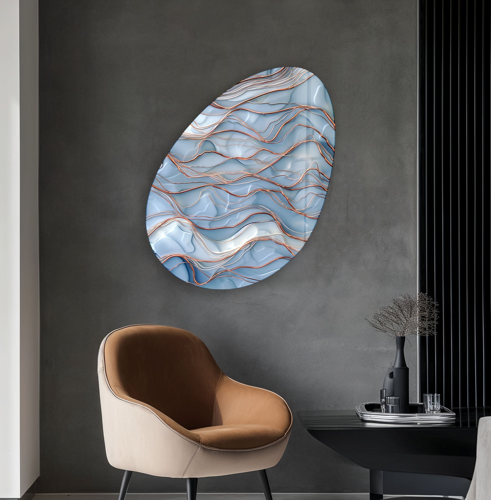 Abstract Blue Waves Oval Glass Wall Art - Modern Ocean Themed Home Decor for Living Room, Bedroom & Office