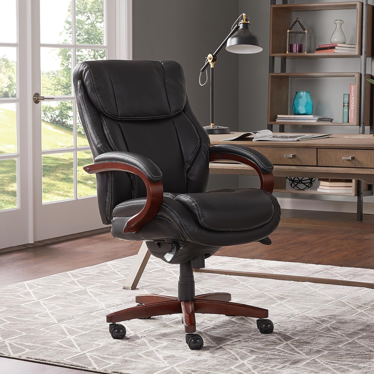 La-Z-Boy Bellamy Executive Office Chair - Memory Foam Cushions, Real Wood Arms, Swivel Base & Waterfall Seat Edge - Faux Bonded Leather in Black - Perfect for Home Office, Conference Rooms & Executive Suites