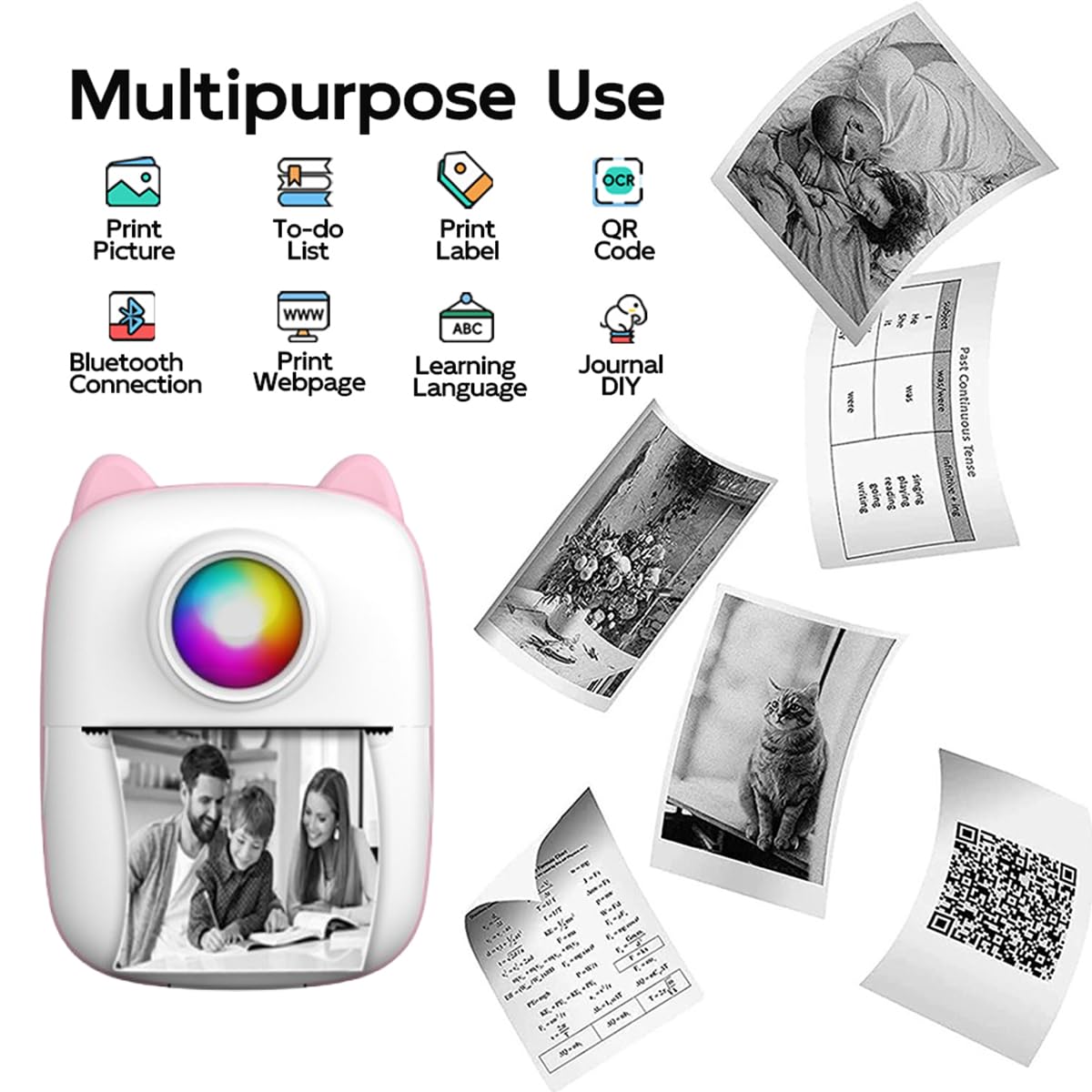 Mini Bluetooth Sticker Printer - Portable Thermal Photo Printer for iPhone, Smart Note Buddy with 10 Rolls Paper - Perfect for Journaling, Memos & DIY Crafts | Compact Pocket Printer for Travel, School & Office Use