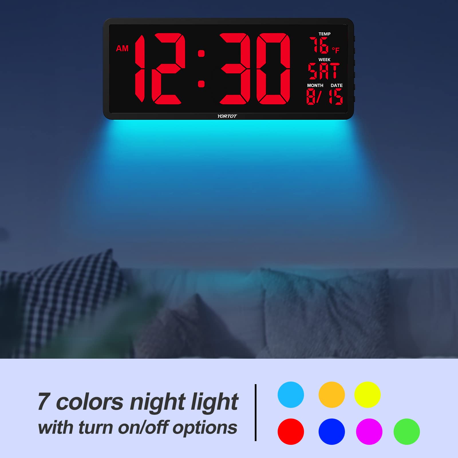YORTOT 16 Inch Digital Wall Clock with Large LED Display - 7 Color Backlight & Remote Control | Indoor Temperature, Date, Countdown/Up Timer, Stopwatch | Perfect for Home Gym, Garage, Office & Classroom