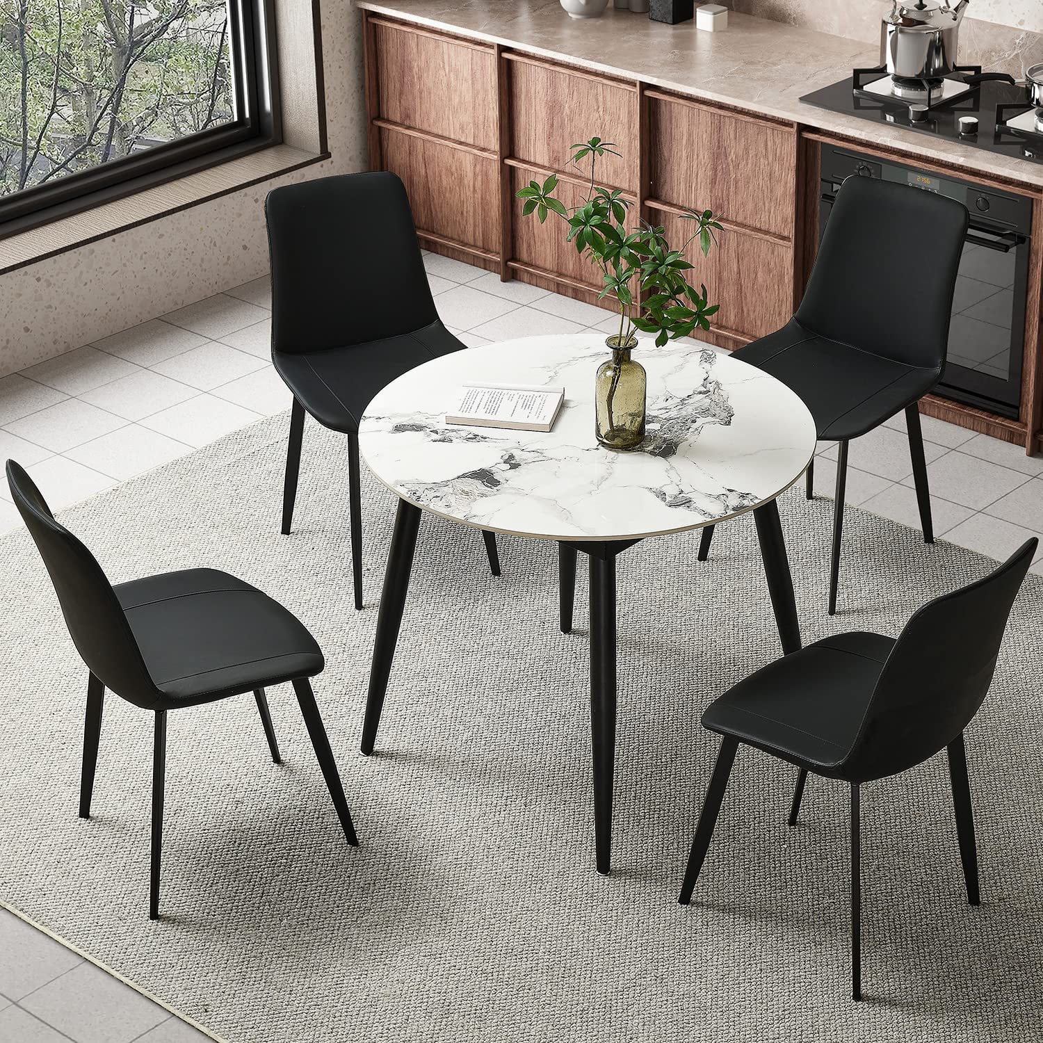 Set of 4 Black Faux Leather Dining Chairs - Mid Century Modern Kitchen Chairs with Sturdy Metal Legs for Dining Room, Restaurant & Living Room - Perfect for Home Decor, Office Meetings and Family Gatherings
