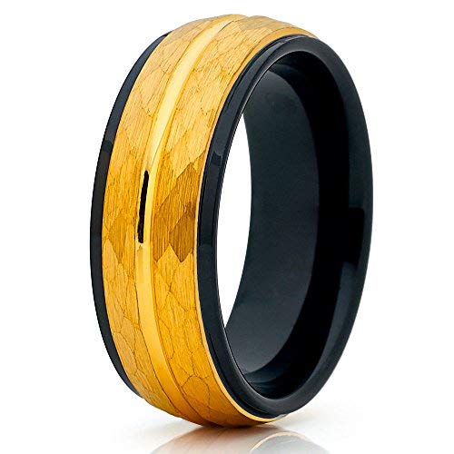 18K Yellow Gold & Black Tungsten Wedding Ring for Men - Hammered Textured Comfort Fit Band - Unique Anniversary & Engagement Ring for Couples - Perfect for Everyday Wear, Weddings & Special Occasions