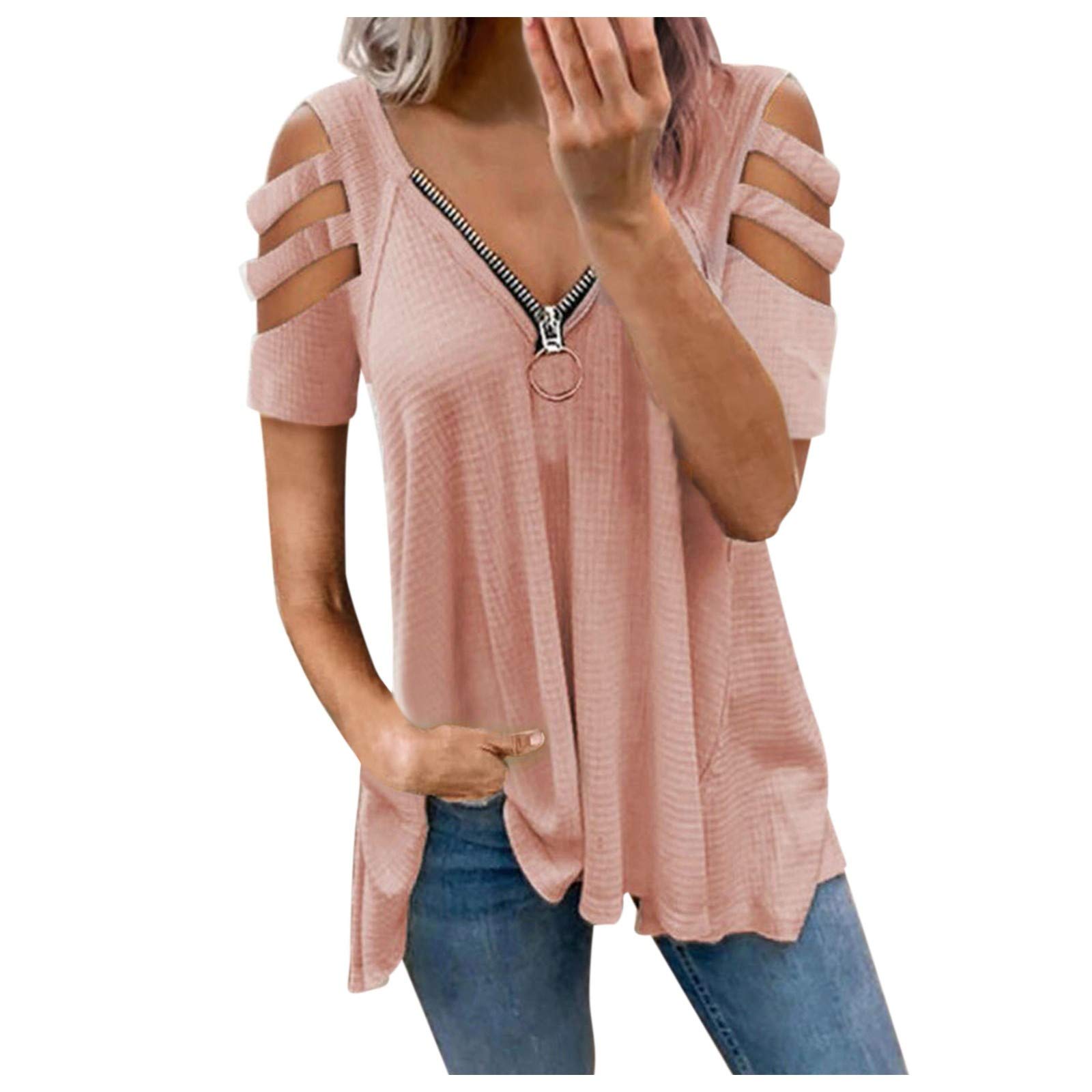 Women's Sexy Leopard Print Hollow Out Blouse - Deep V Neck Zipper Tops for Summer Casual Wear | Flowy T-Shirt for Beach, Party & Date Night Outfits