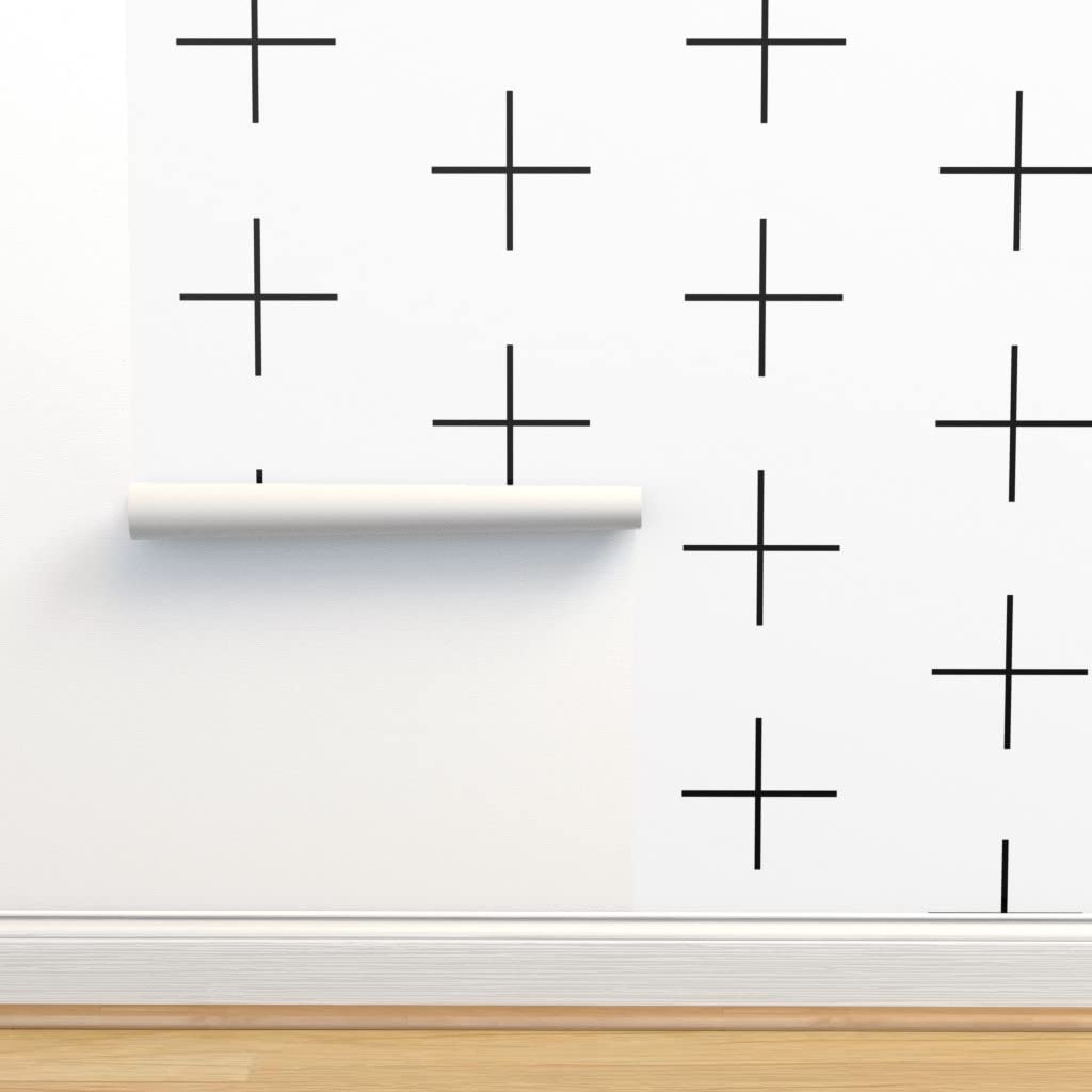 Premium Commercial Grade Wallpaper 27ft x 2ft - Thin Line Swiss Cross Black & White Geometric Minimalist Design | Nursery, Living Room, Office Decor | Peel & Stick Traditional Wallpaper by Spoonflower