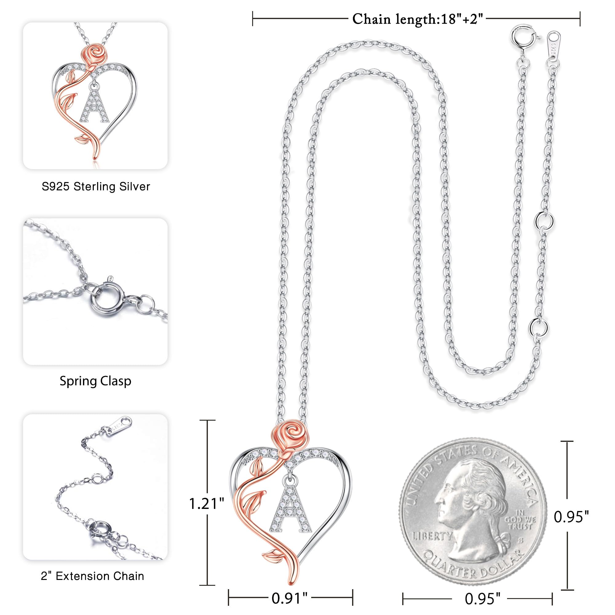 Rose Heart Necklace for Women - 925 Sterling Silver Initial Pendant, Personalized Anniversary & Birthday Gift for Wife, Girlfriend, Mom | Perfect for Valentine's Day, Mother's Day & Romantic Occasions