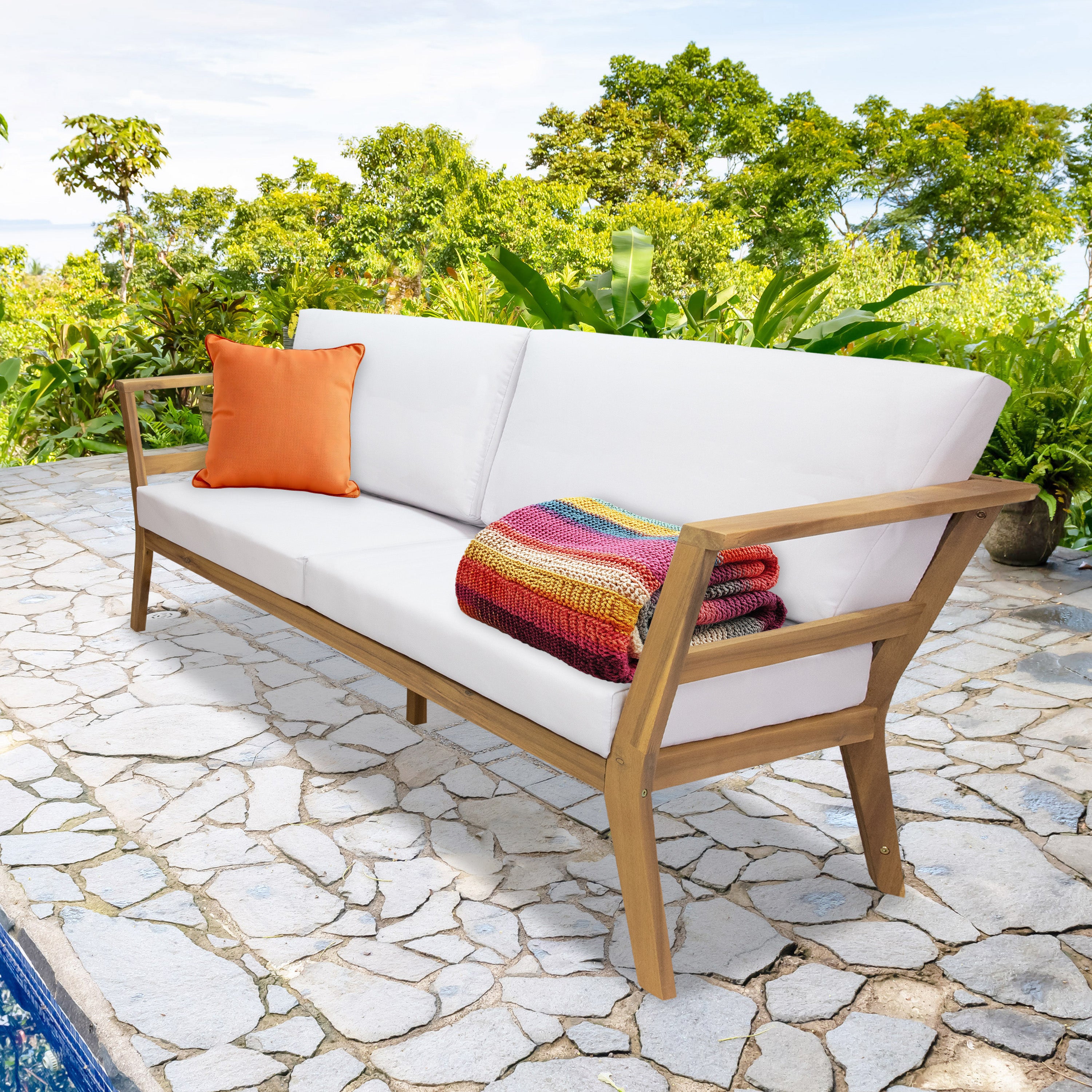Acacia Wood Patio Loveseat - 2 Seater Outdoor Sofa with Cushions by Sunnydaze | Perfect for Backyard, Garden & Poolside Relaxation