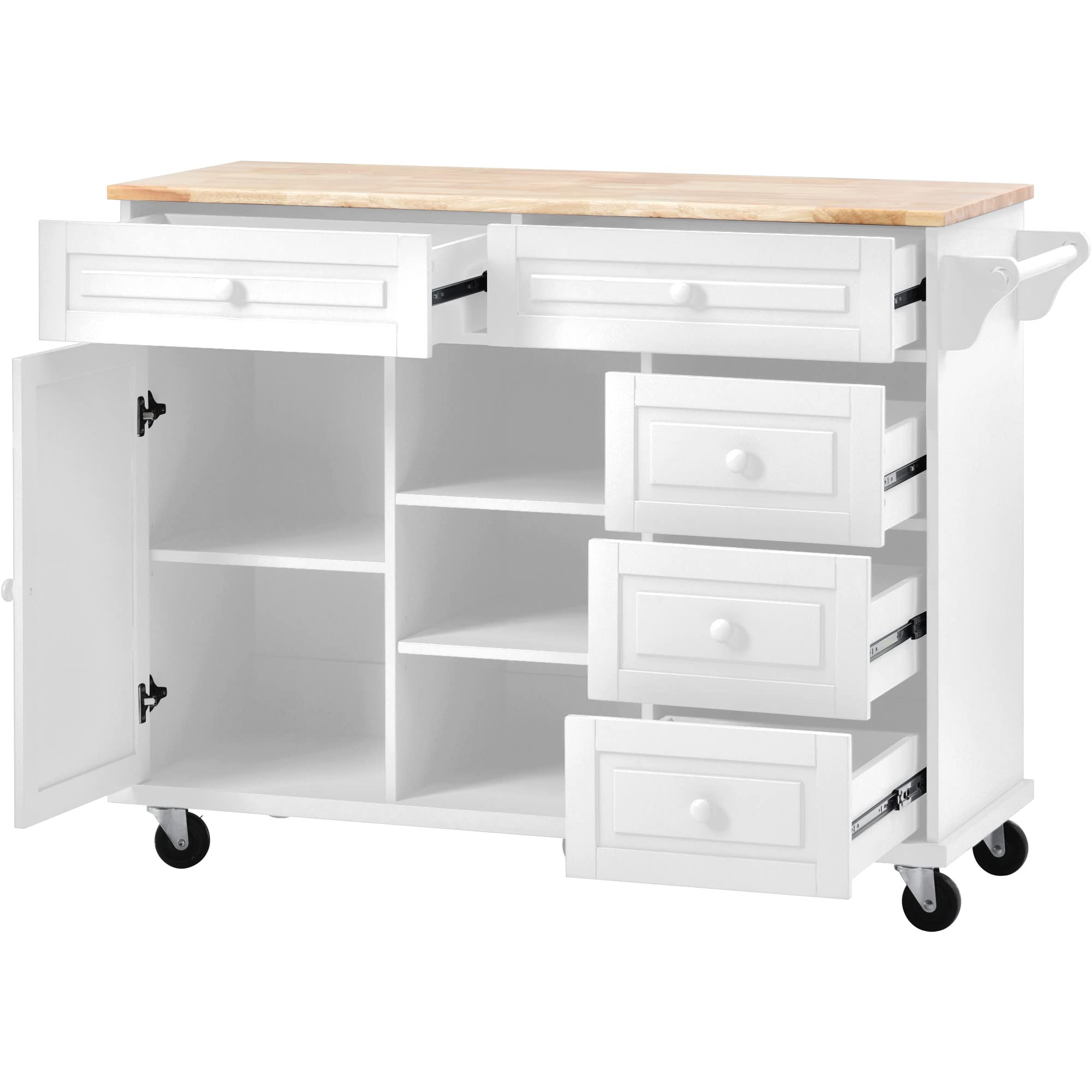White Kitchen Island Cart with Wheels - 5 Drawers & Shelves for Kitchen & Living Room Storage