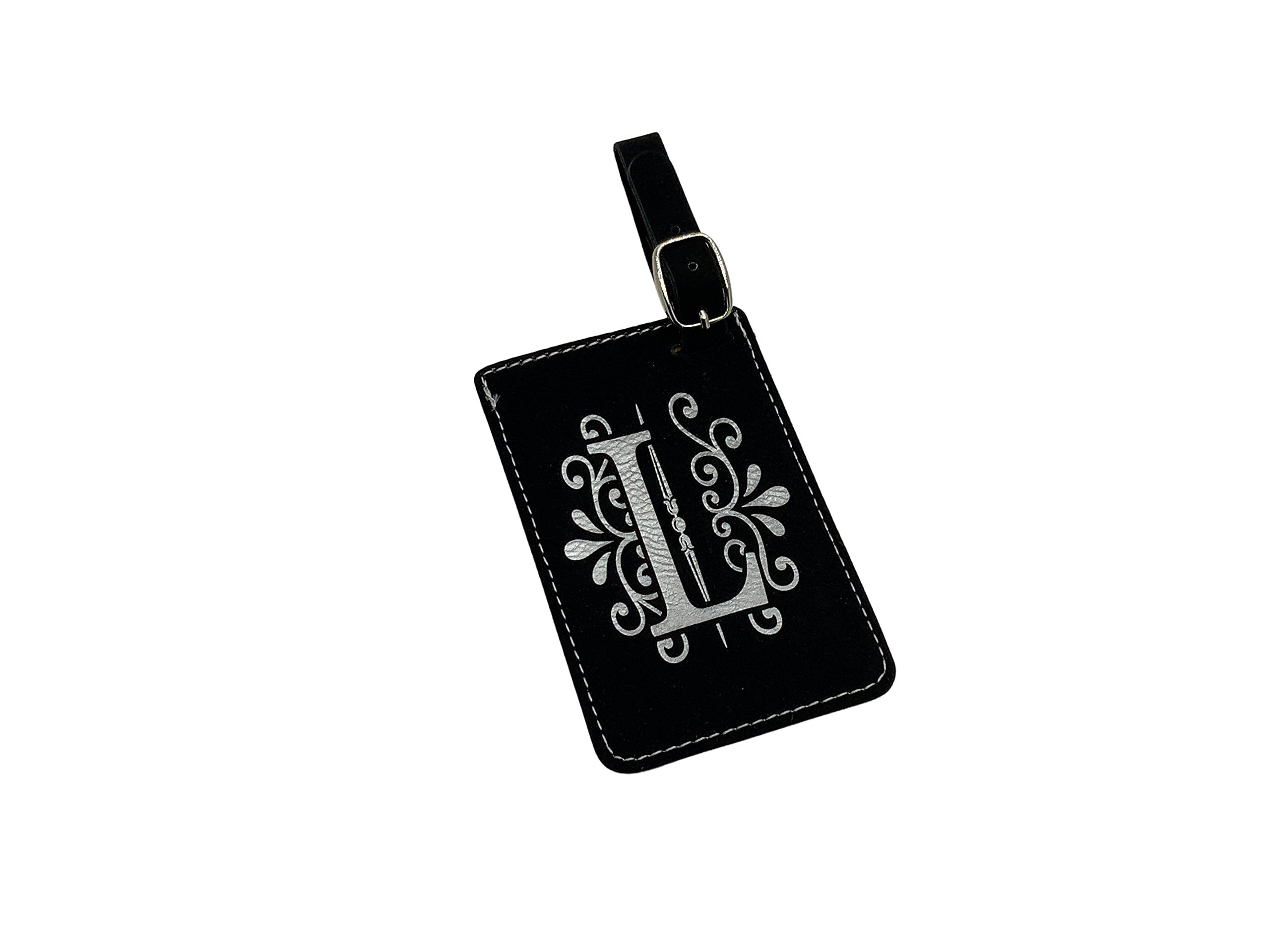 Personalized Monogram Luggage Tags - Floral Initials on Engineered Leather, Custom Letter Luggage Tags in Blue or Black (Black, L) - Perfect for Travel, Gifts & Unique Identification