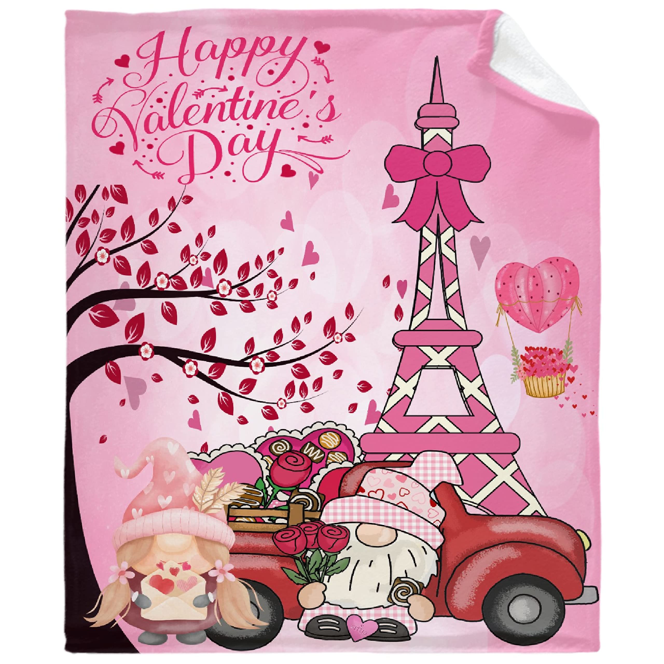 Valentine's Day Red Heart Flannel Throw Blanket - Soft & Warm Romantic Gnome Design - 120