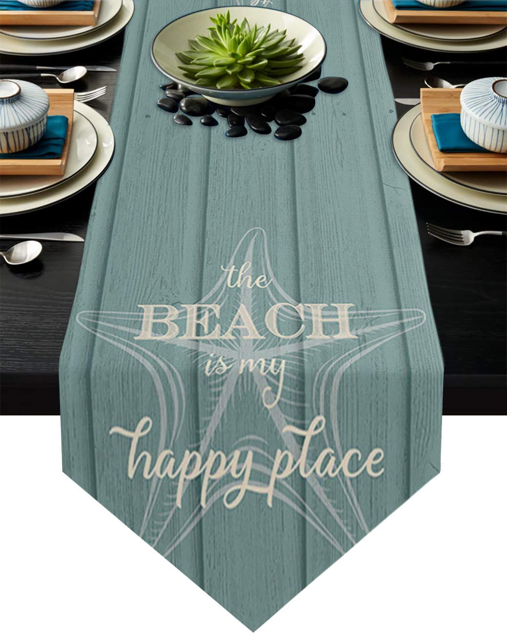 90 Inch Burlap Linen Table Runner - Natural Dresser Scarf for Beach Weddings, Outdoor Dining, Holiday Parties | Seashell & Starfish Decor | Rustic Aoki Wood Accents