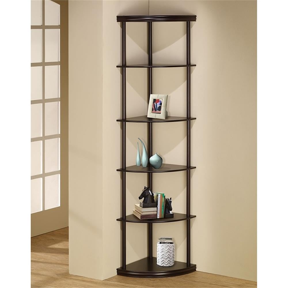 BOWERY HILL 5-Shelf Wooden Corner Bookcase - Mahogany Finish, Space-Saving Storage for Living Room, Bedroom, Office & Study