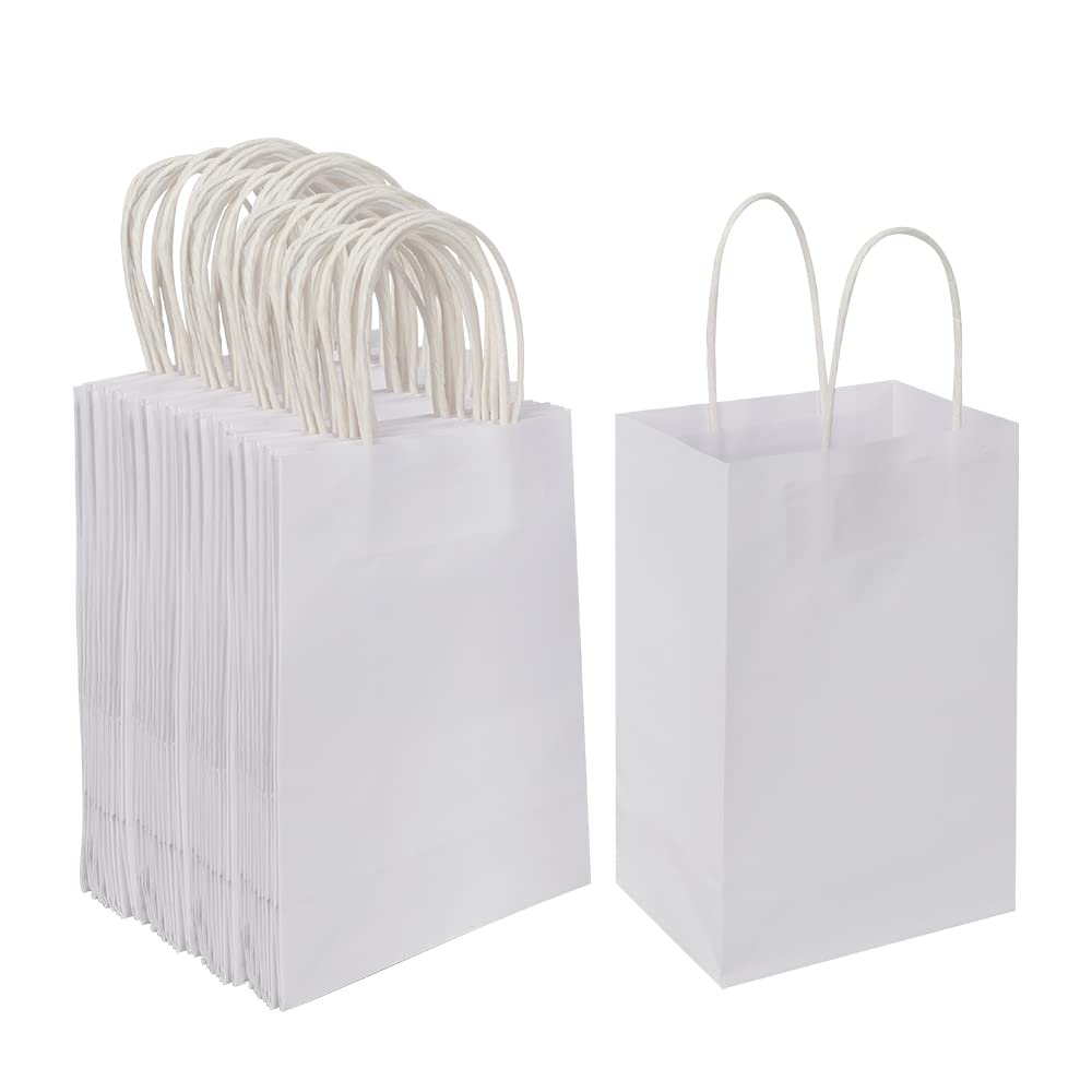 100 Pack Small Brown & White Kraft Paper Gift Bags with Handles - Bulk Eco-Friendly Party Favor Bags for Weddings, Baby Showers & Birthday Gifts