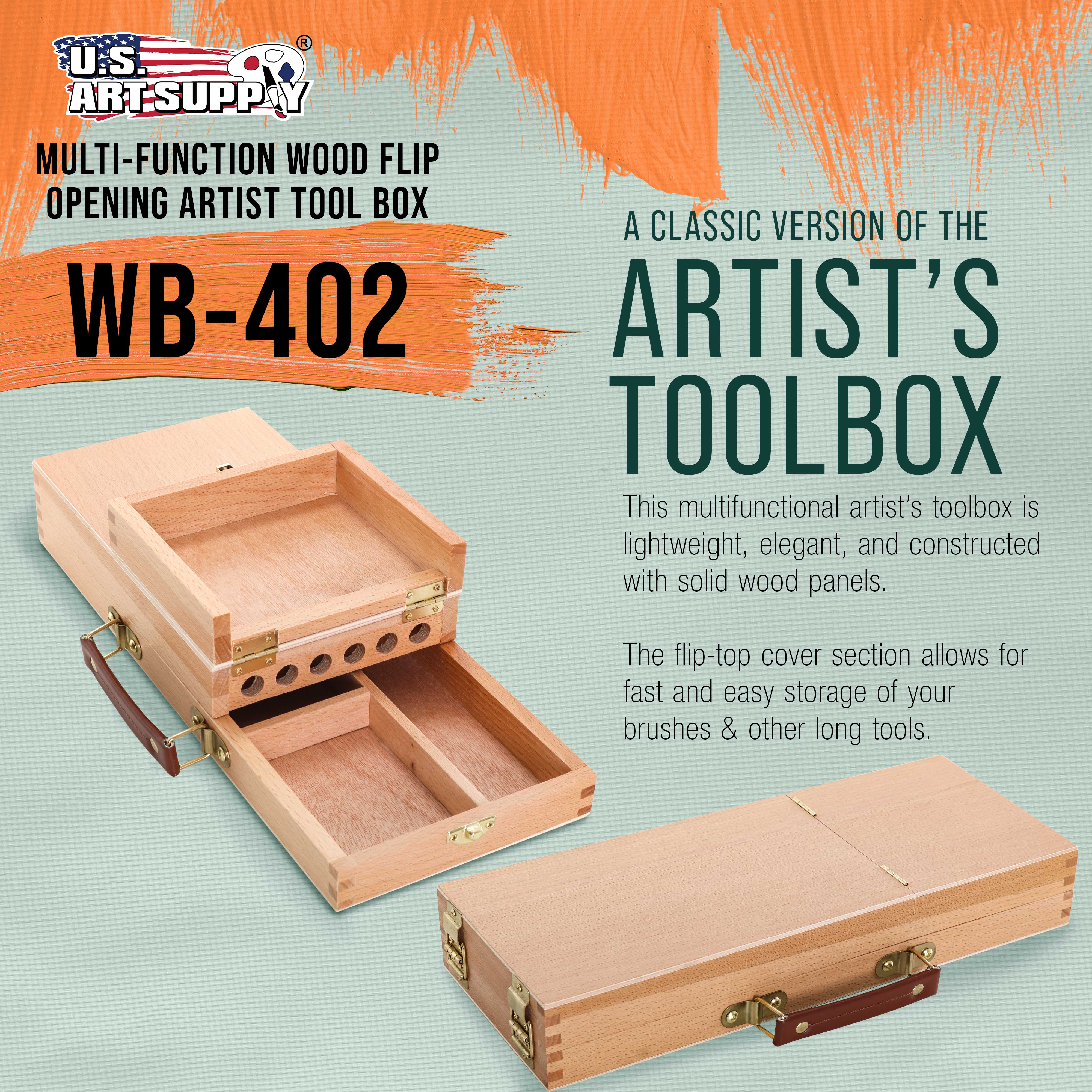 Multi-Function Unfinished Beechwood Flip-Open Artist Storage Box with Locking Clasps - Organize & Protect Pencils, Brushes, Erasers & Art Supplies - Perfect for Artists, Students & Crafters at Home, Studio or Travel