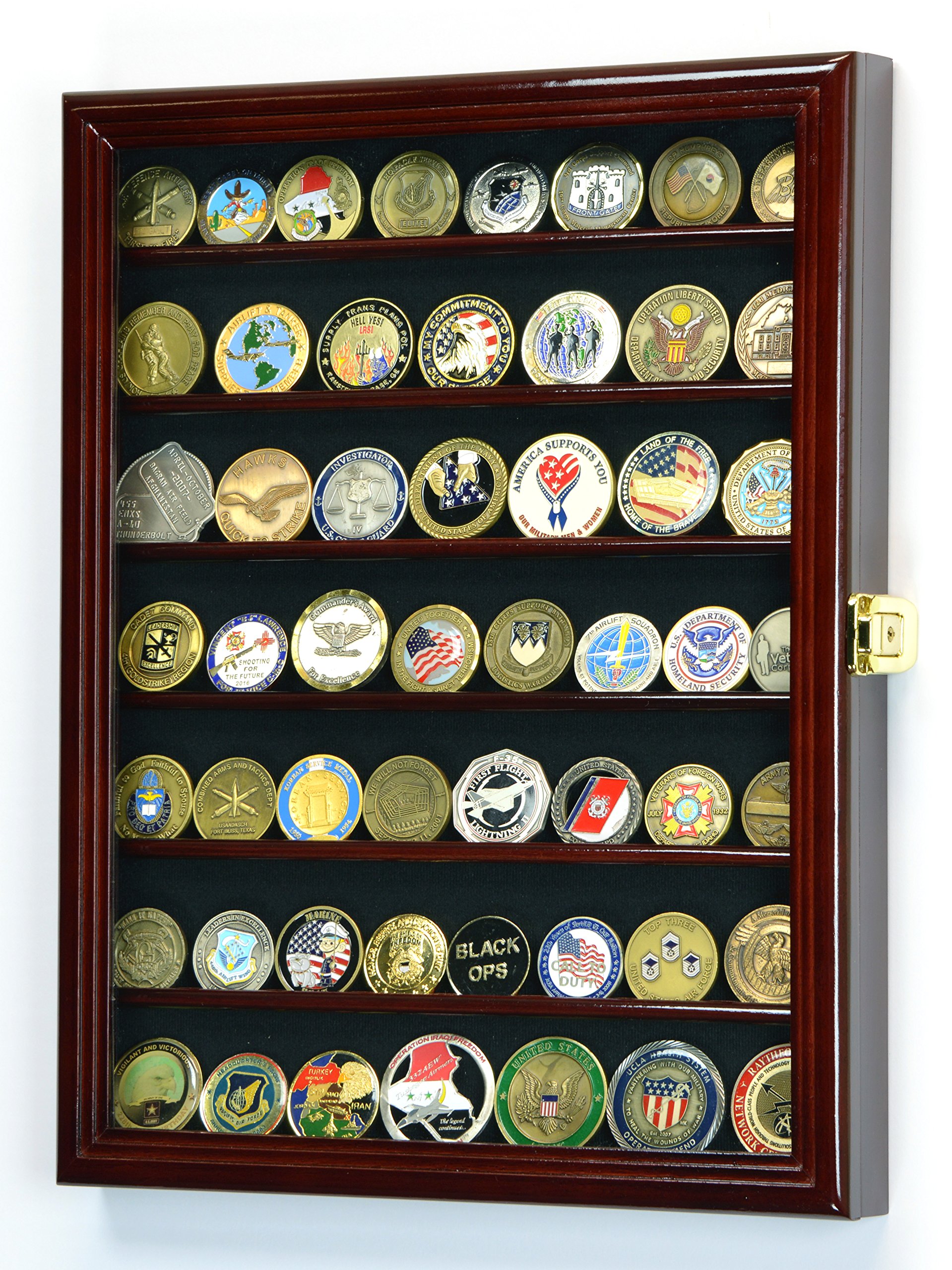 Military Challenge Coin Display Case - Cherry Wood Wall Cabinet with UV Protection & Lockable Rack for Collectors | Perfect for Home, Office, or Military Memorabilia Showcase