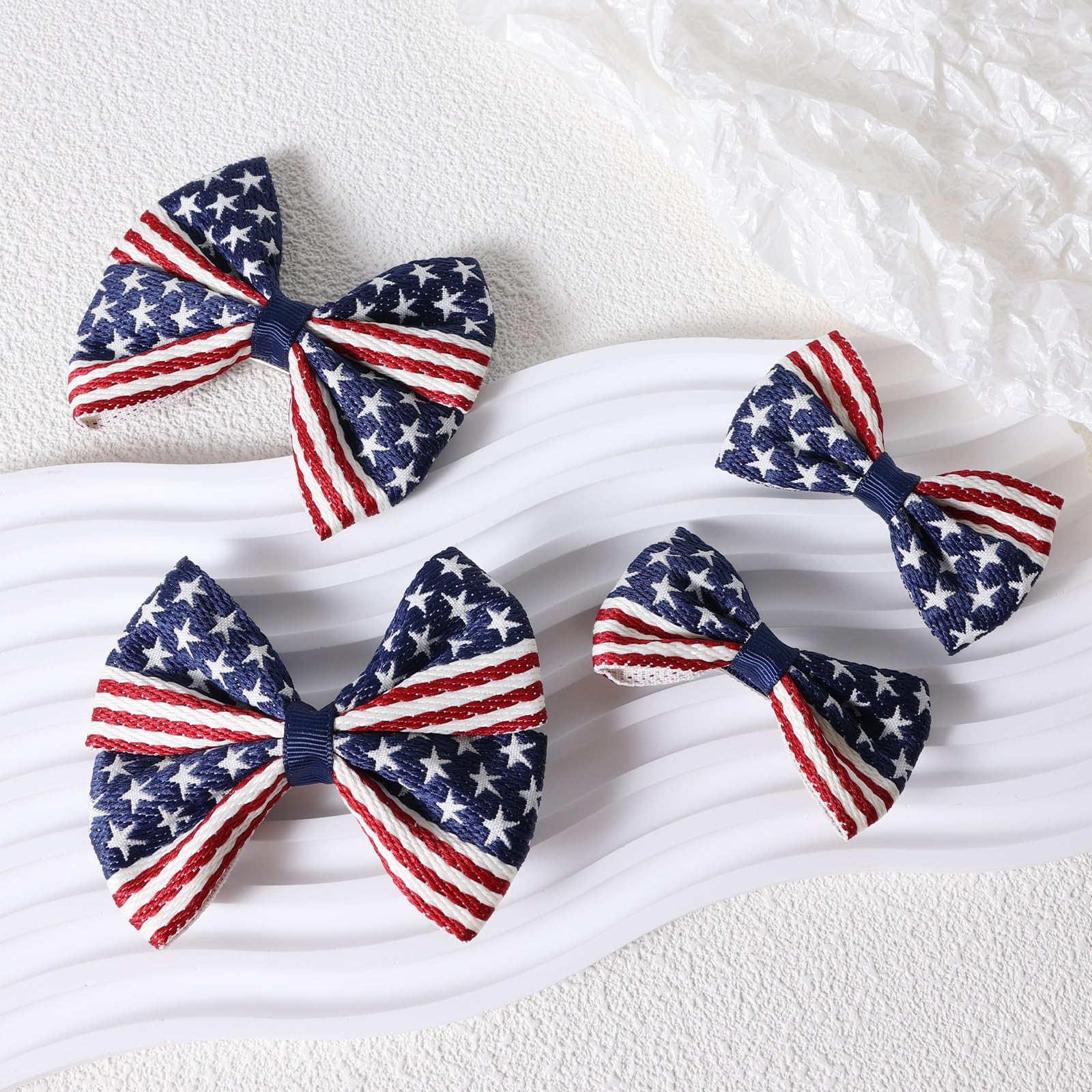 4 Pcs Girls American Flag Hair Bow Clips - Patriotic Red White Blue Stars & Stripes Alligator Hair Pins for July 4th, Independence Day, Memorial Day - Perfect for Outfit Decor, Party Accessories & Gifts